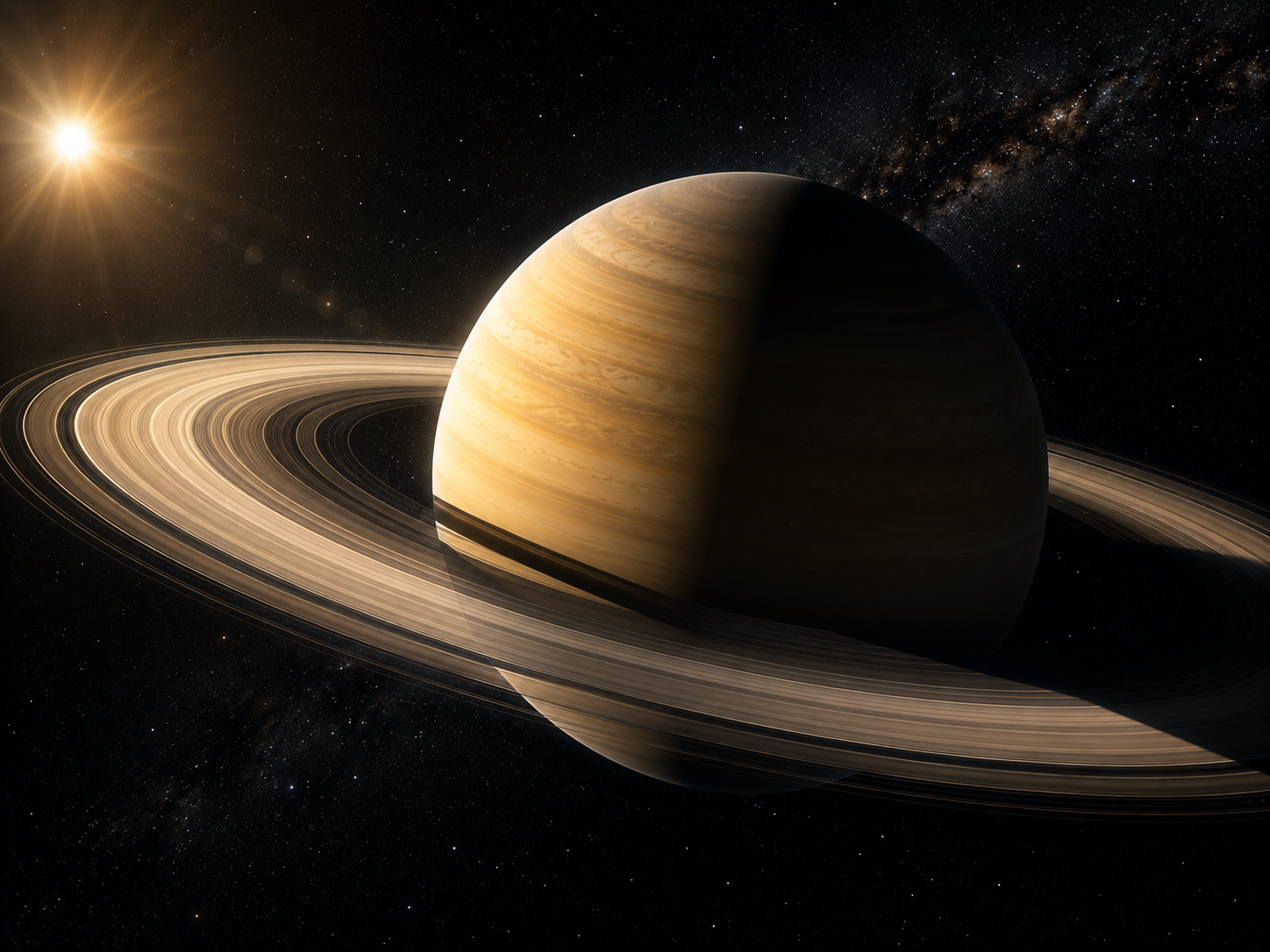 Saturn viewed from deep space with sunlight illuminating its rings and casting dramatic shadows across the planet.