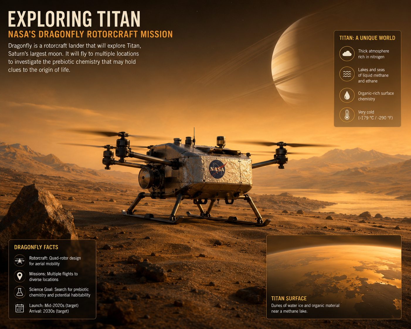An artist's concept of NASA's Dragonfly rotorcraft exploring the dunes of Titan beneath its hazy orange sky.