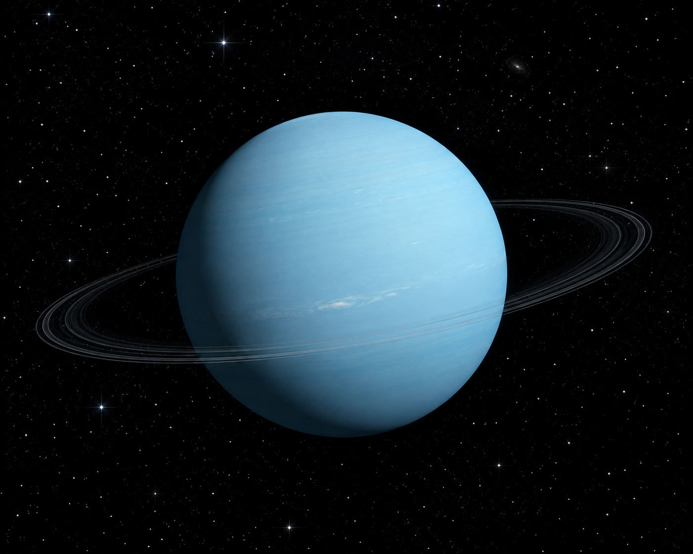 A stunning true-color portrait of Uranus suspended in deep space, its pale blue atmosphere surrounded by faint rings against a star-filled background.