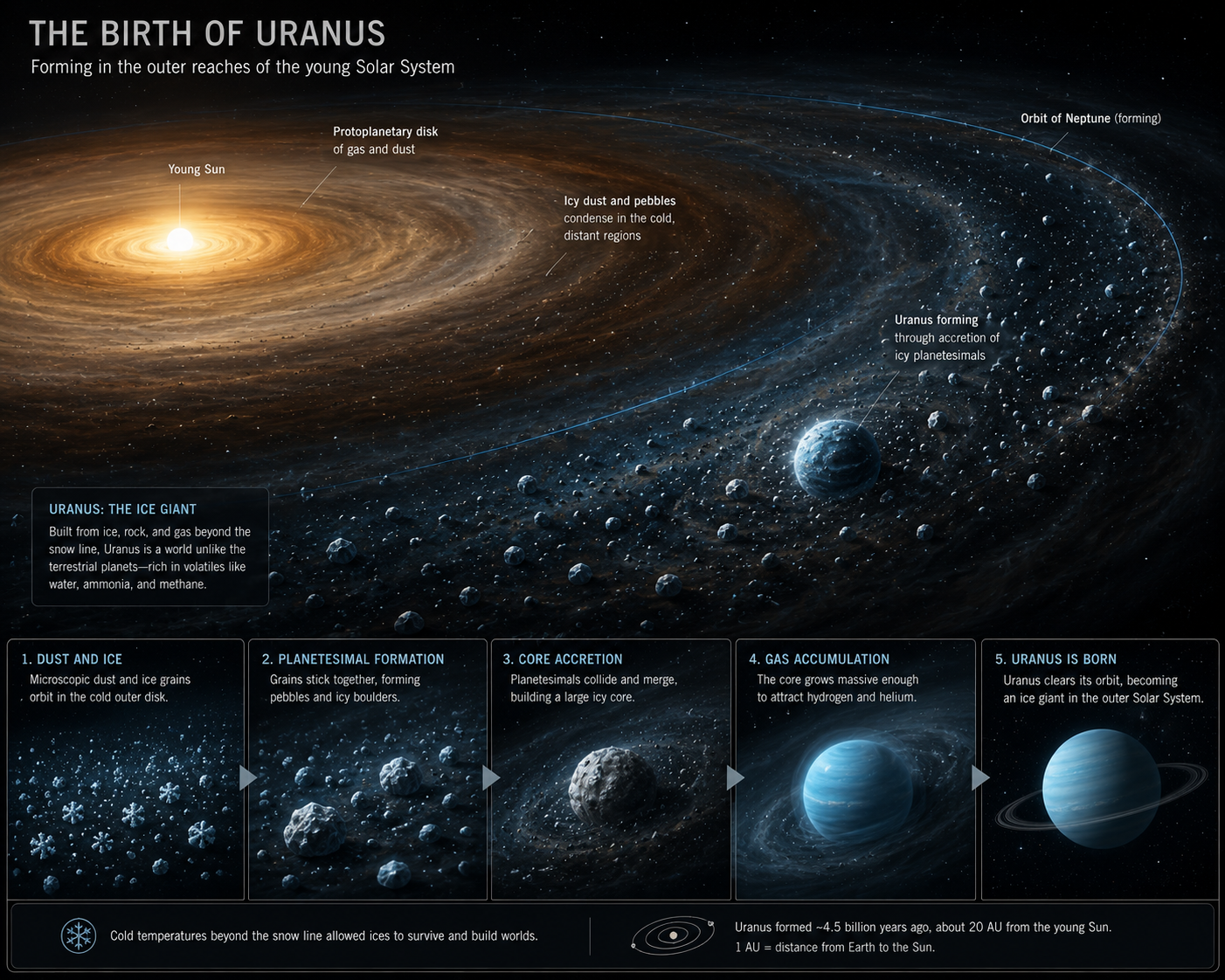 Artist's illustration of Uranus forming in the outer protoplanetary disk around the young Sun.