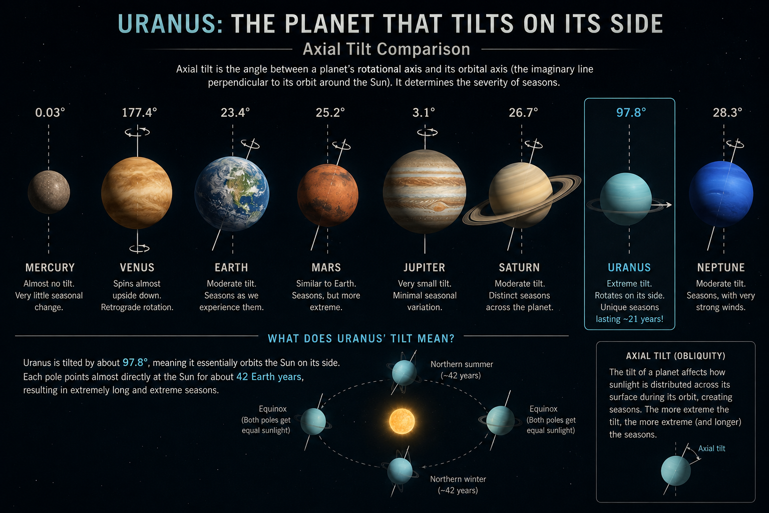 Illustration showing Uranus' extreme axial tilt compared with Earth and the other planets.