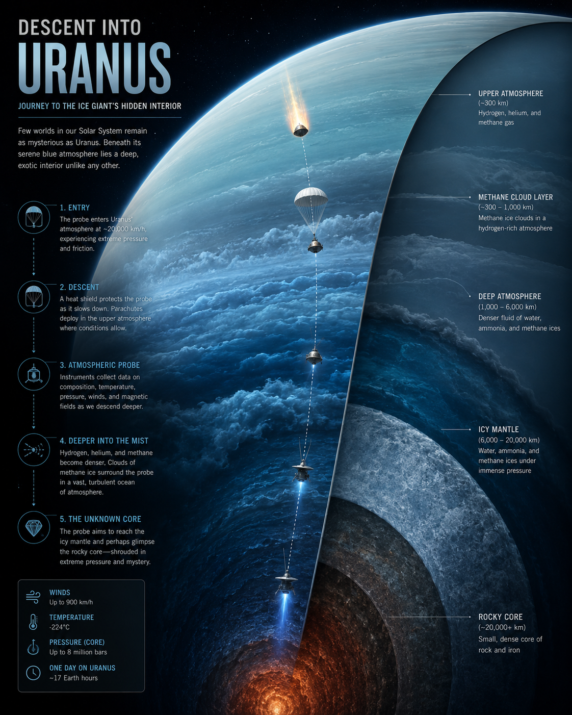 A dramatic cutaway illustration of a probe descending through Uranus' pale blue atmosphere toward its hidden interior.