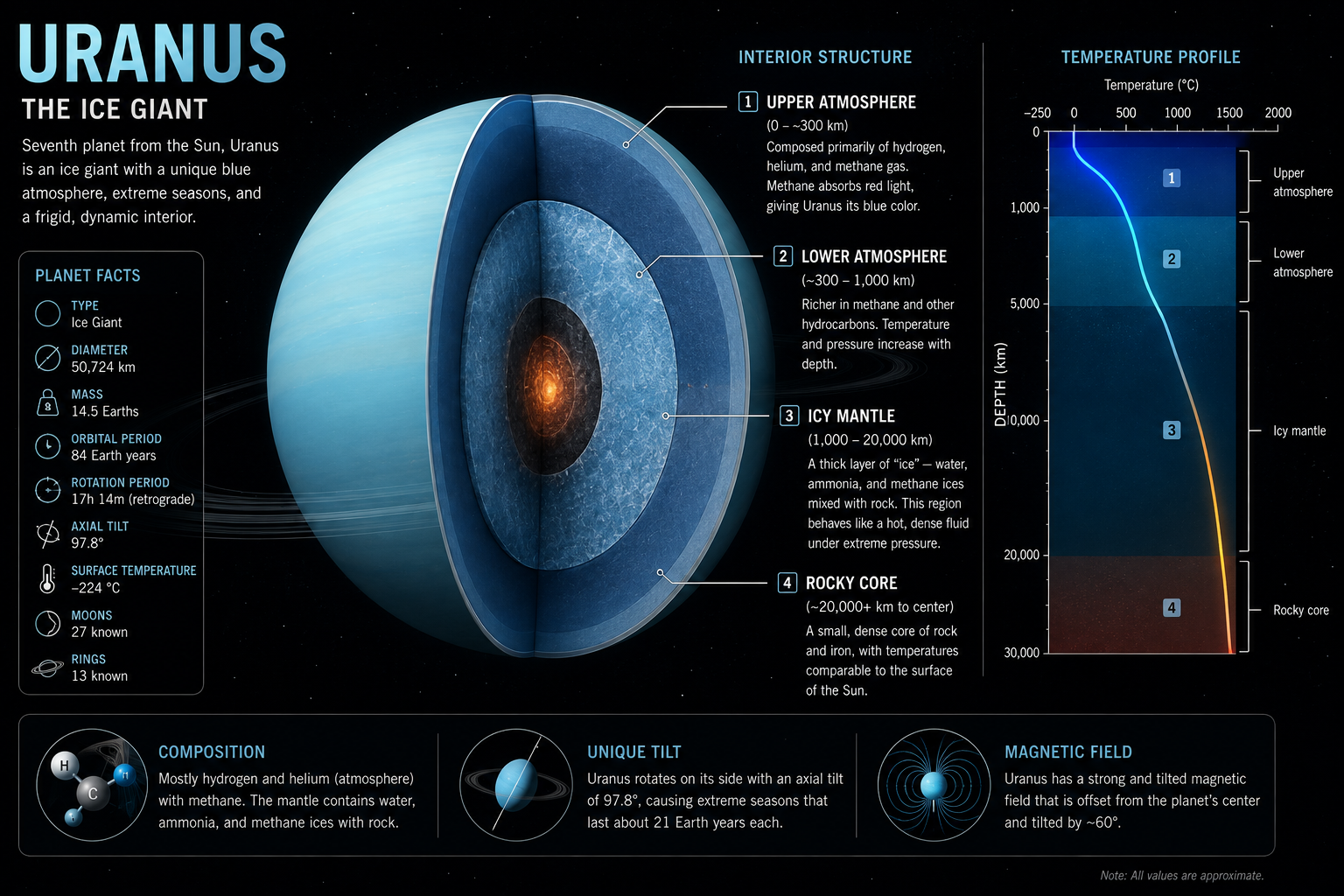 Scientific cross-sectional diagram showing Uranus' atmosphere, icy mantle, rocky core, and temperature profile.