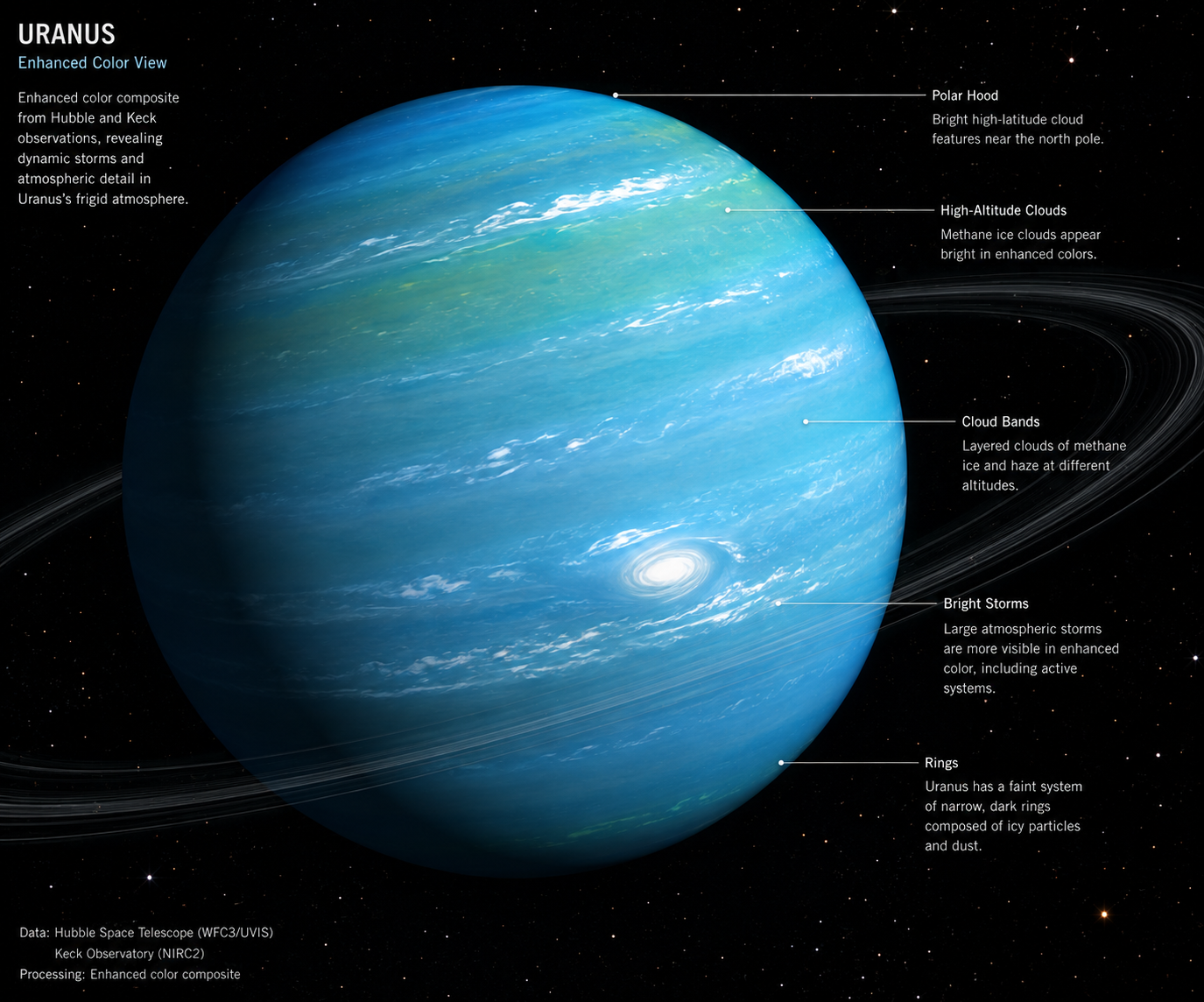 Modern enhanced-color view of Uranus revealing bright storms and atmospheric cloud features.