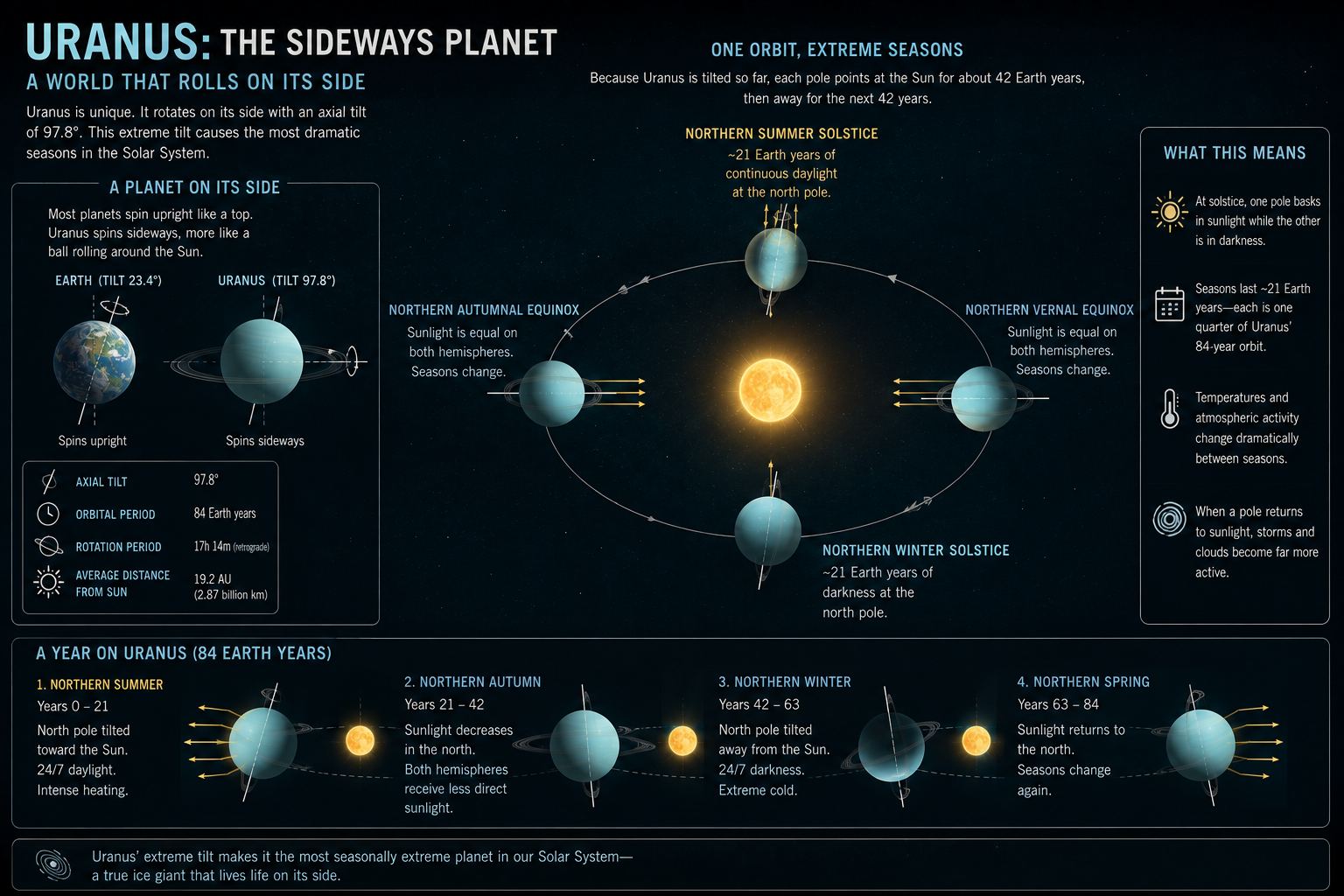 Illustration showing Uranus' sideways rotation and its extreme seasonal sunlight over one complete orbit.