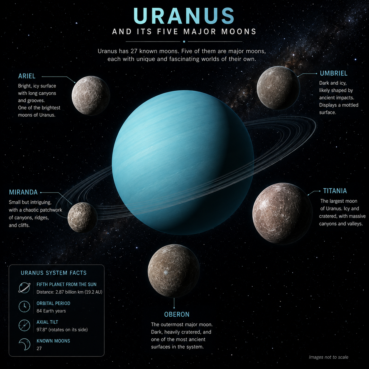 Uranus surrounded by its five major moons—Miranda, Ariel, Umbriel, Titania, and Oberon.