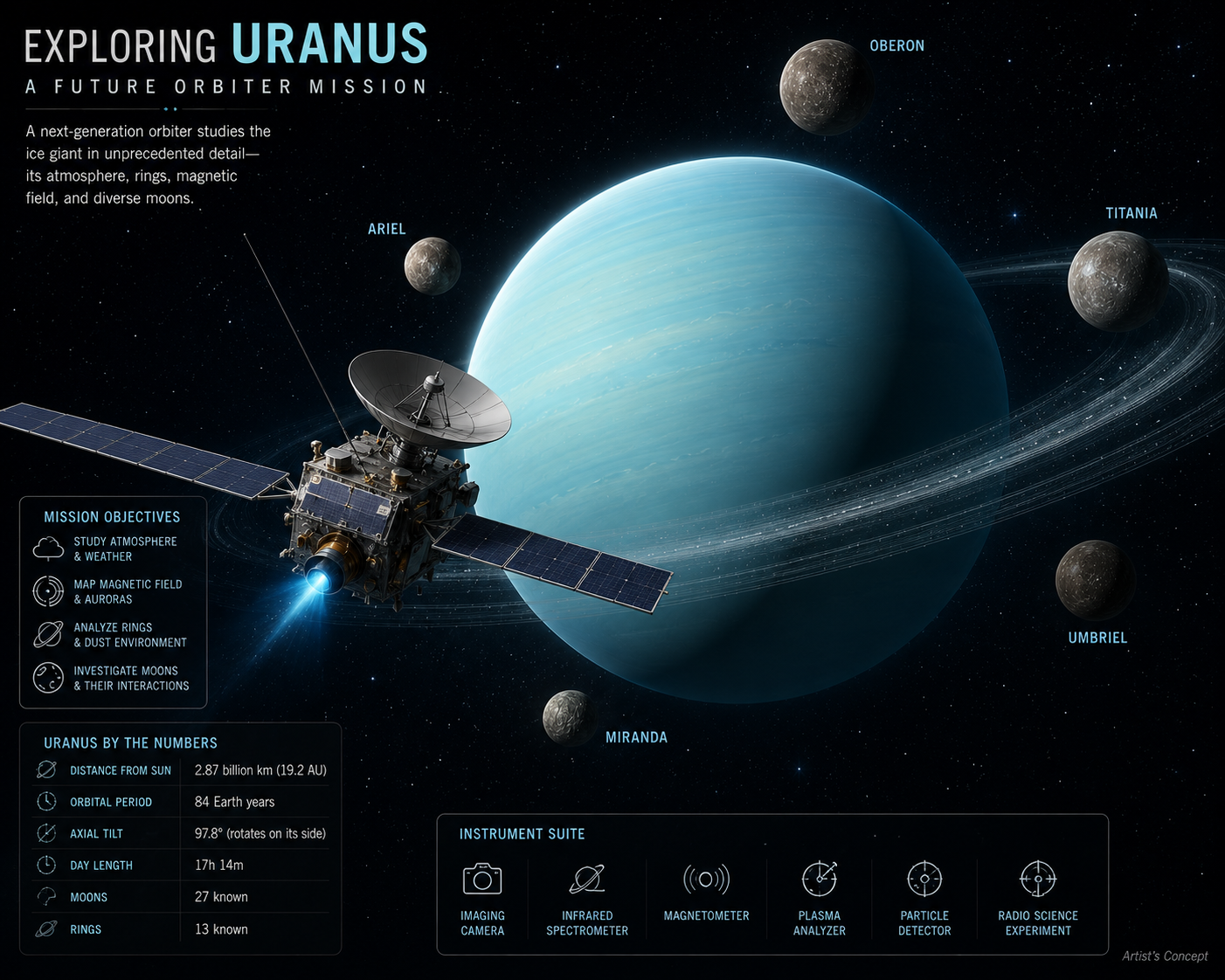Artist's concept of a future Uranus orbiter studying the planet while its major moons circle in the background.
