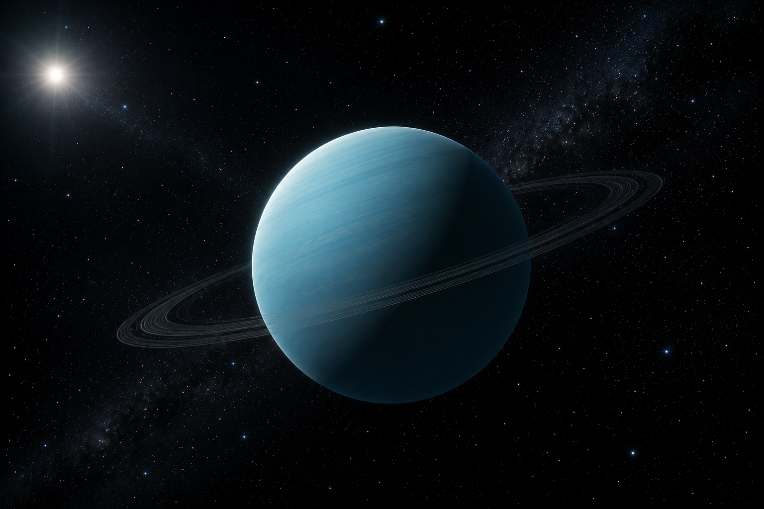 Uranus floating silently in deep space, illuminated by distant sunlight with its faint rings visible.