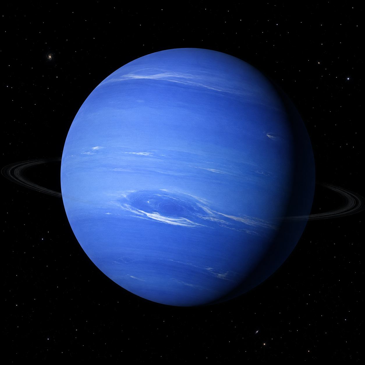 A breathtaking true-color portrait of Neptune showing its deep blue atmosphere, bright white methane clouds, and faint rings suspended against the blackness of space.