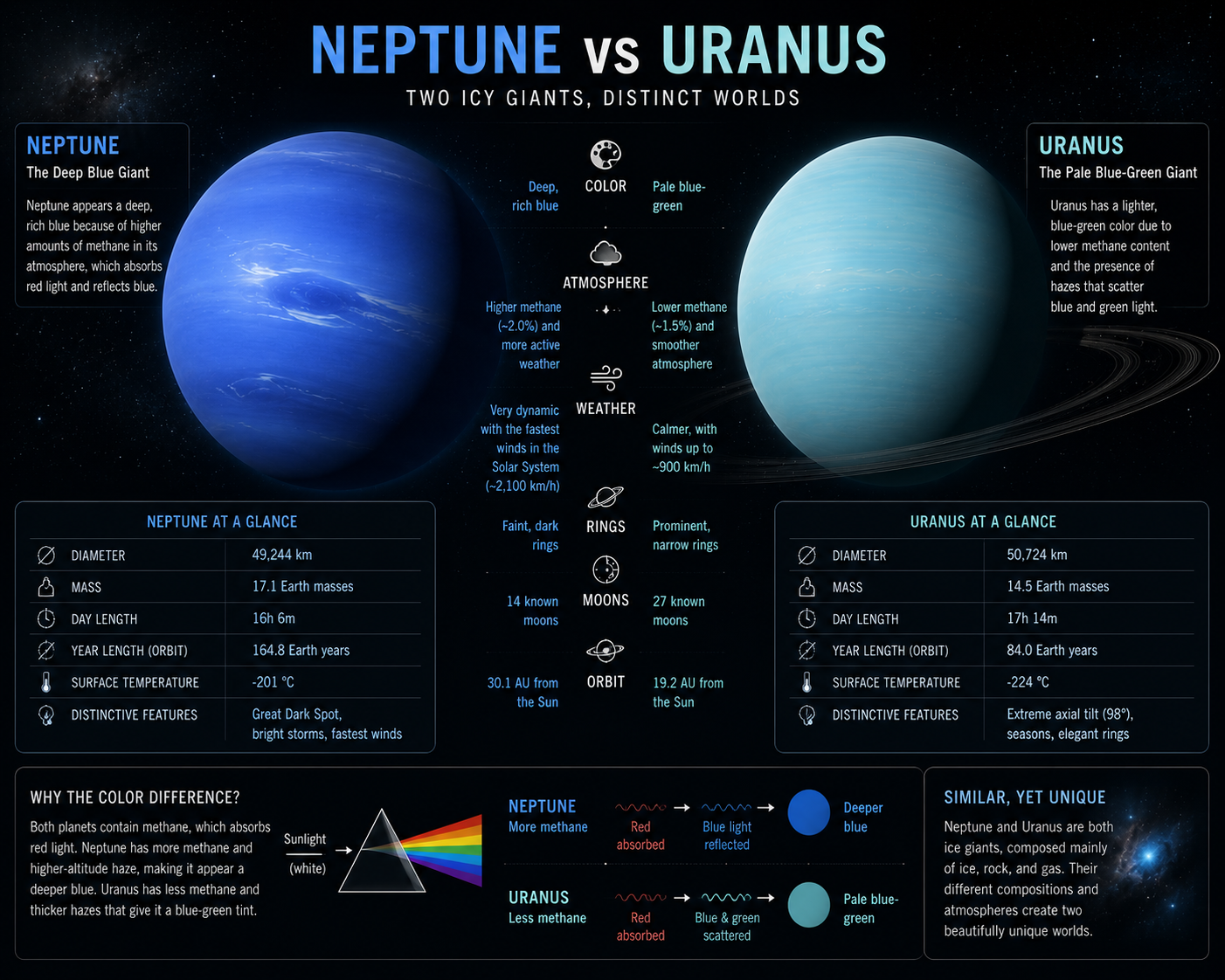 Comparison of Neptune and Uranus highlighting Neptune's deeper blue atmosphere.