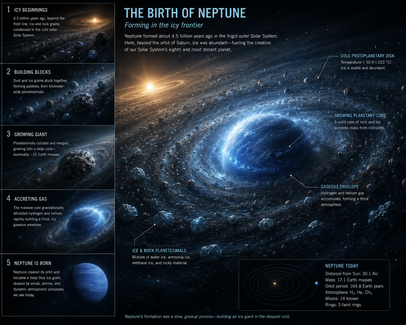 Artist's illustration of Neptune forming in the icy outer regions of the young Solar System.