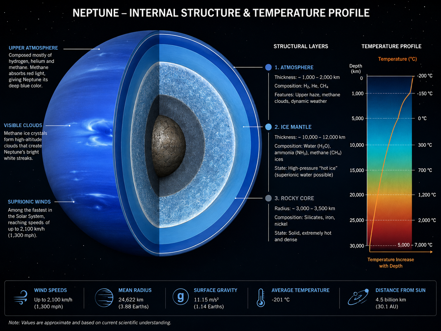 Scientific cross-sectional diagram showing Neptune's atmosphere, icy mantle, rocky core, and temperature profile.