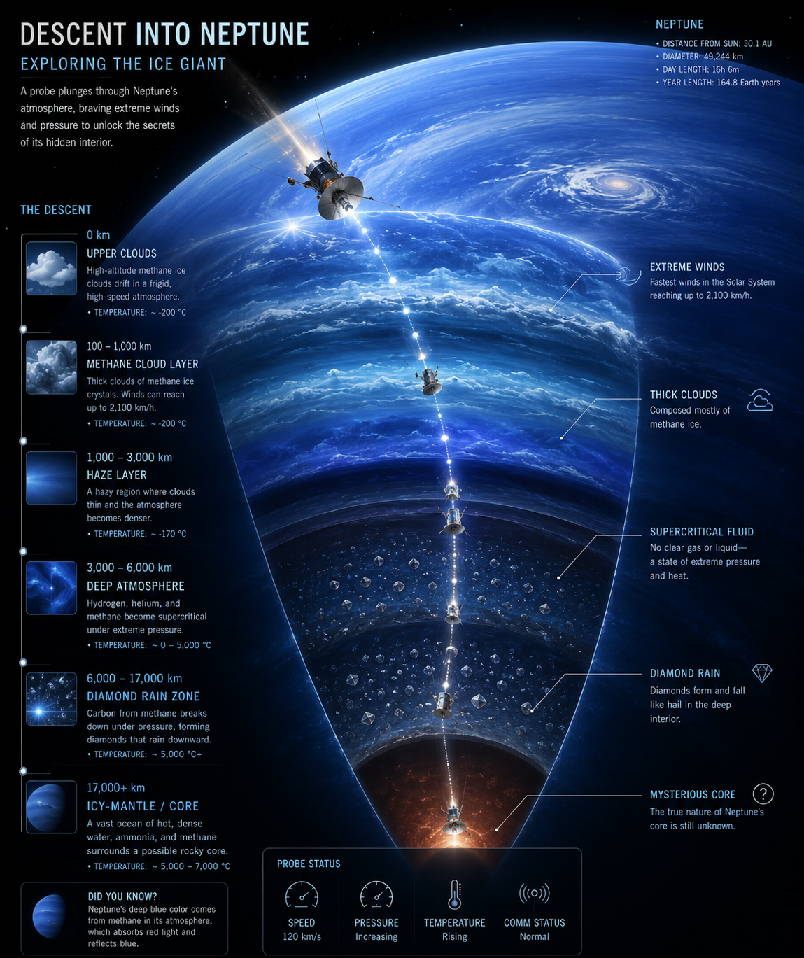 A dramatic cutaway illustration of a probe descending through Neptune's atmosphere toward its mysterious interior.