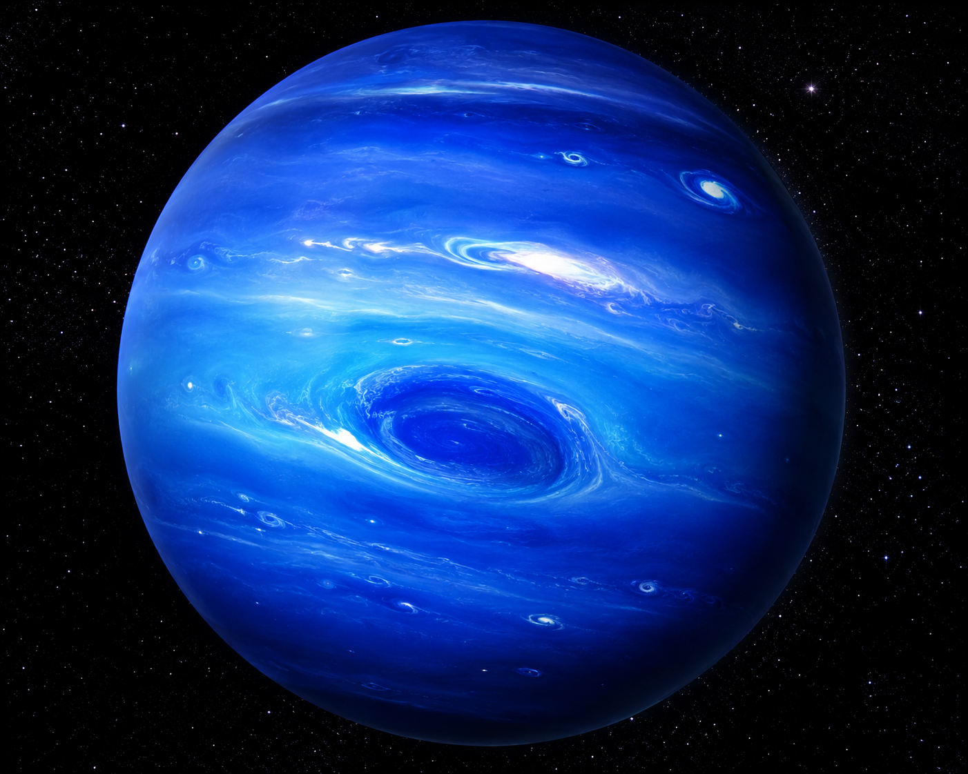 Enhanced-color image of Neptune showing enormous storms, bright methane clouds, and powerful atmospheric bands.