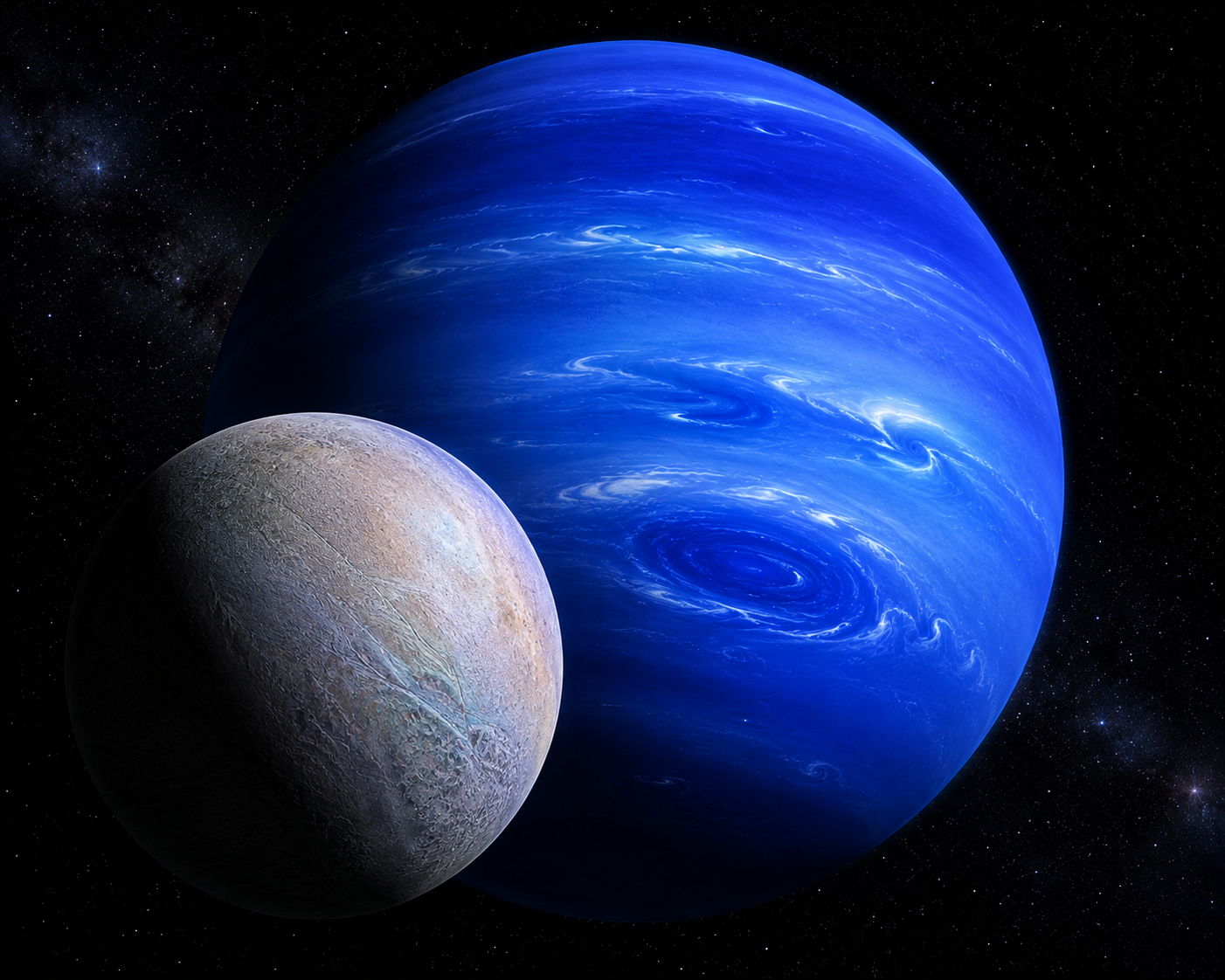 Neptune surrounded by Triton, showing the moon's icy surface against the deep blue planet.