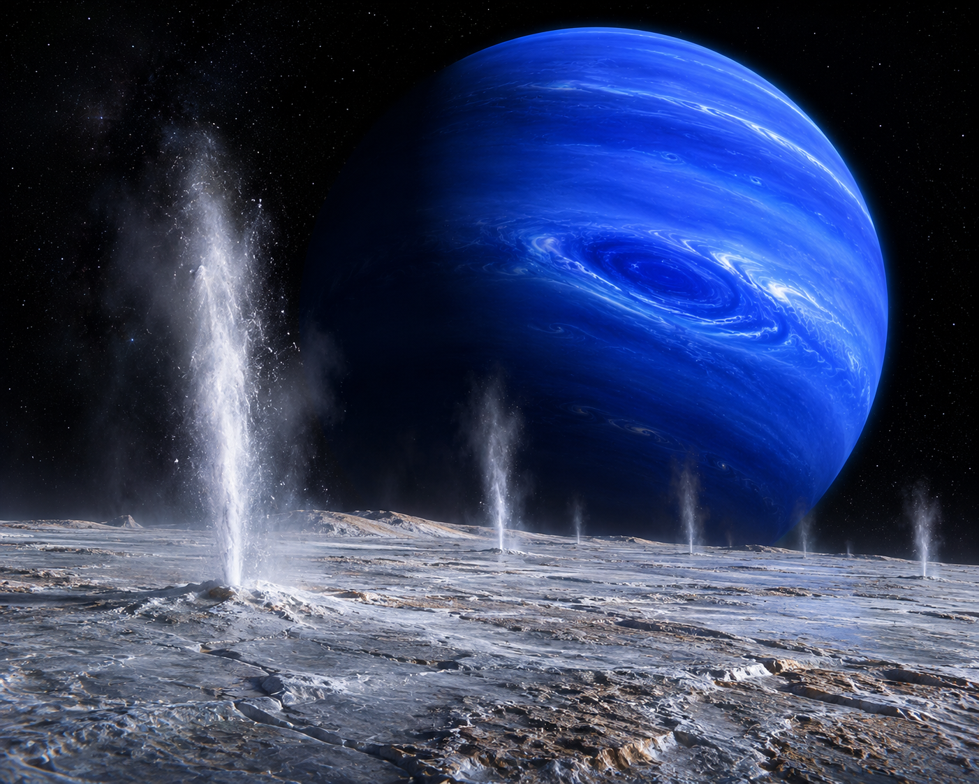 Artist's concept of Triton showing icy geysers erupting above a frozen surface with Neptune dominating the distant sky.