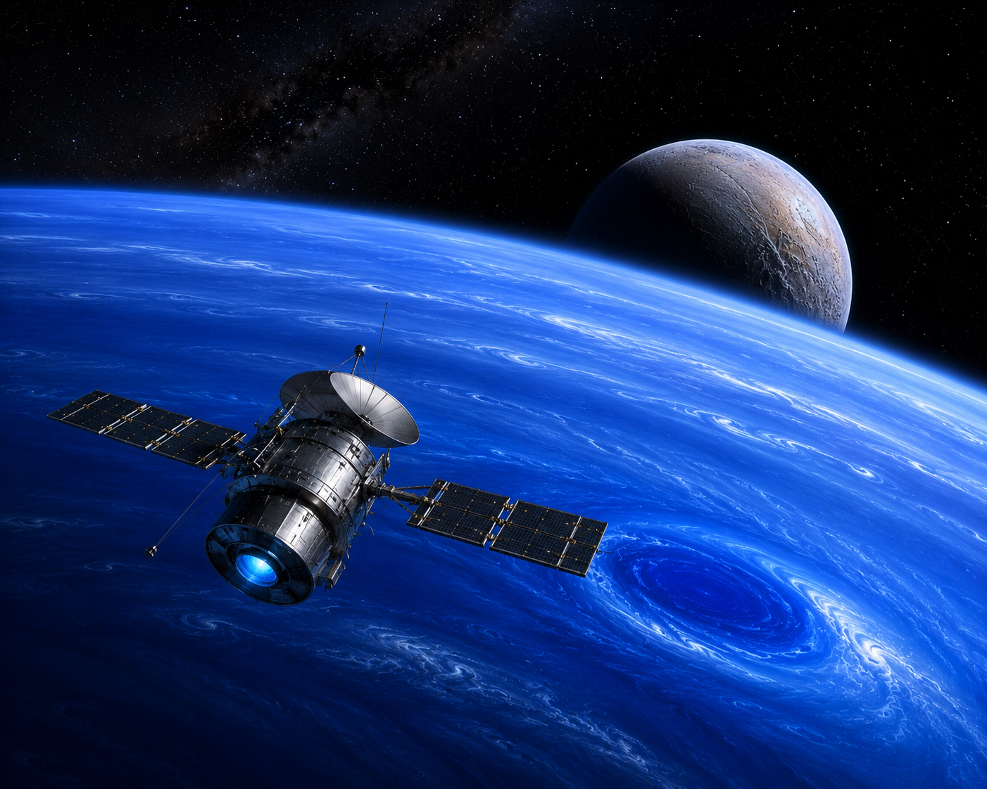 Artist's concept of a future Neptune orbiter flying above the blue planet while Triton rises over the distant horizon.