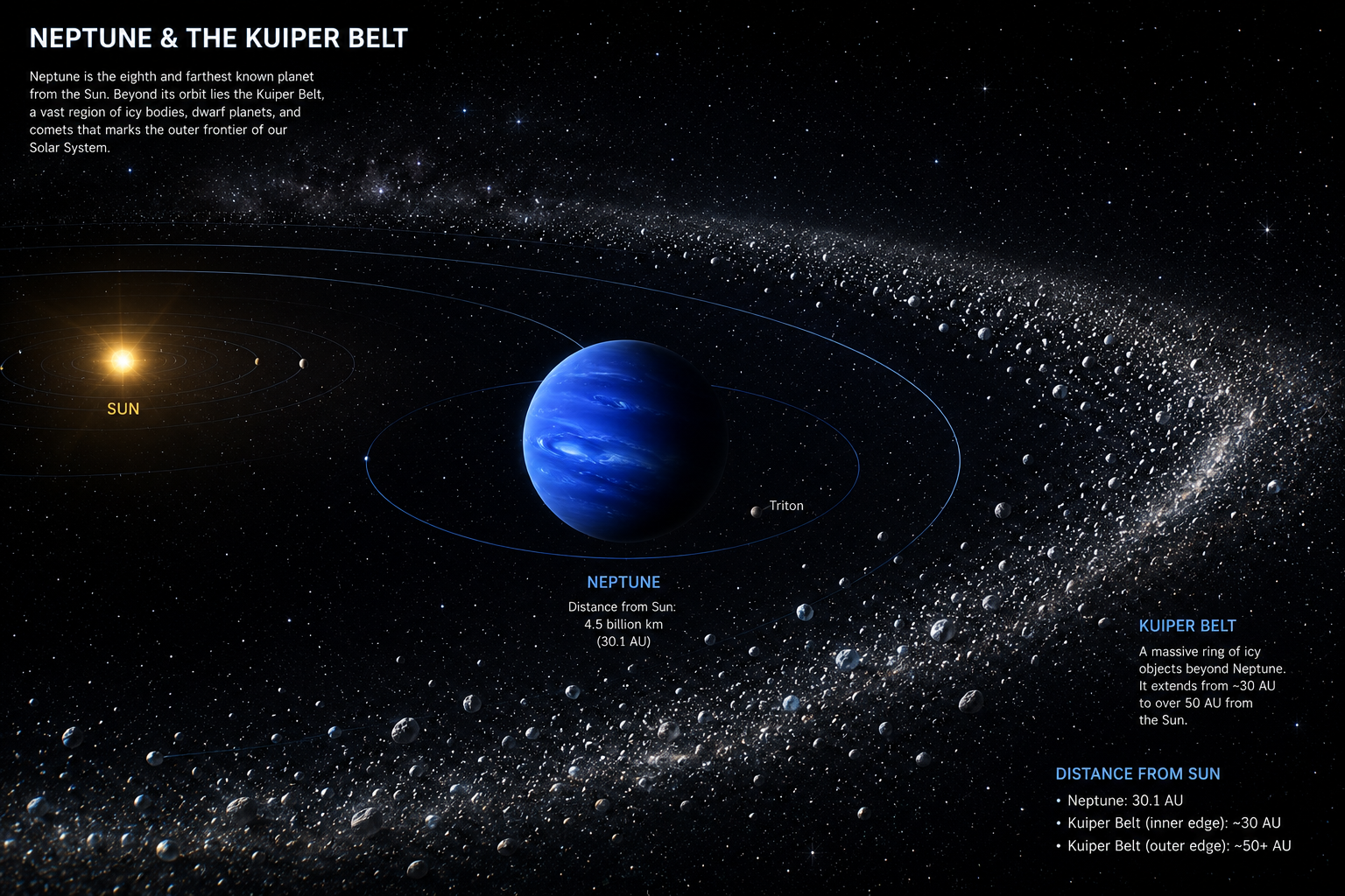 Neptune viewed from deep space with the Kuiper Belt extending beyond its orbit under a star-filled sky.