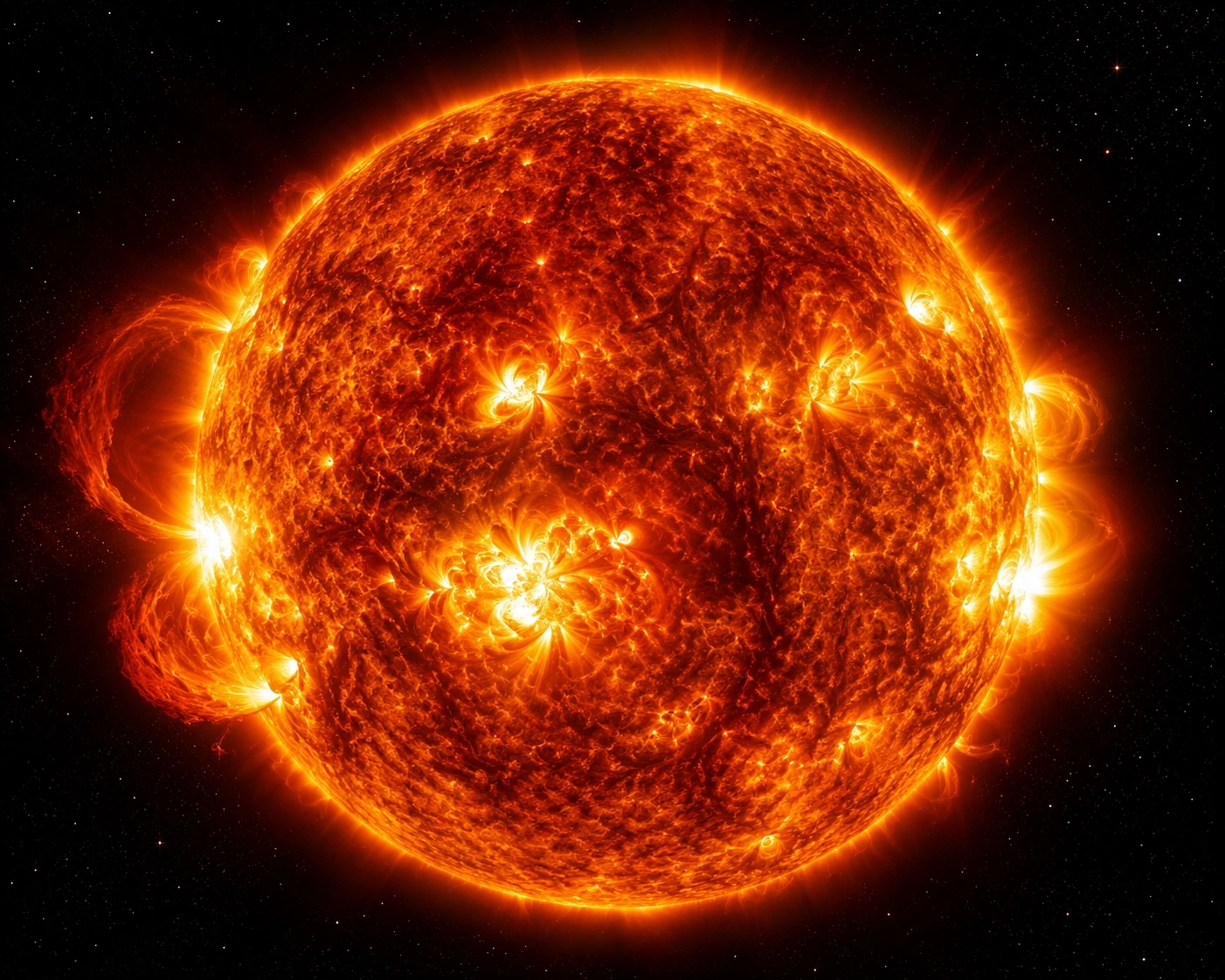 A breathtaking high-resolution view of the Sun showing fiery plasma, glowing prominences, and intricate magnetic activity against the blackness of space.