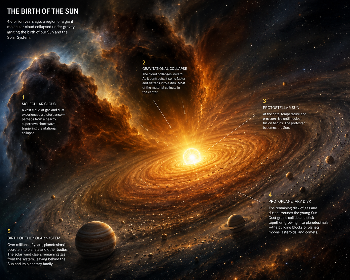 Artist's illustration of the Sun forming inside a collapsing molecular cloud surrounded by a protoplanetary disk.