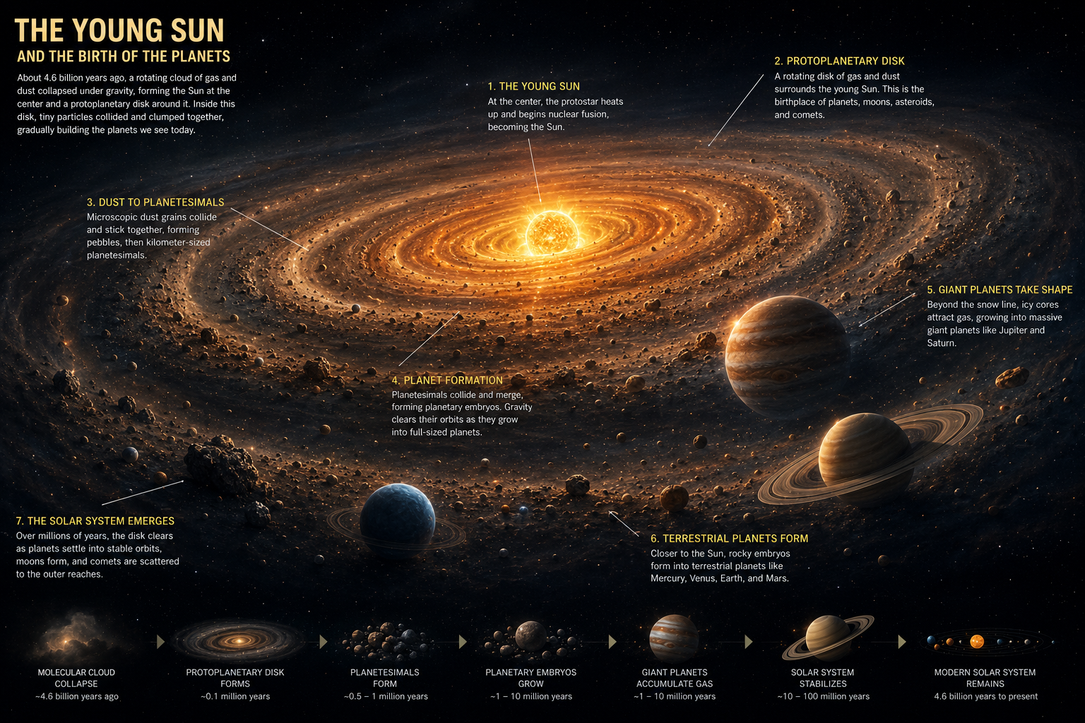 Illustration showing the young Sun at the center of the protoplanetary disk while the planets begin forming around it.