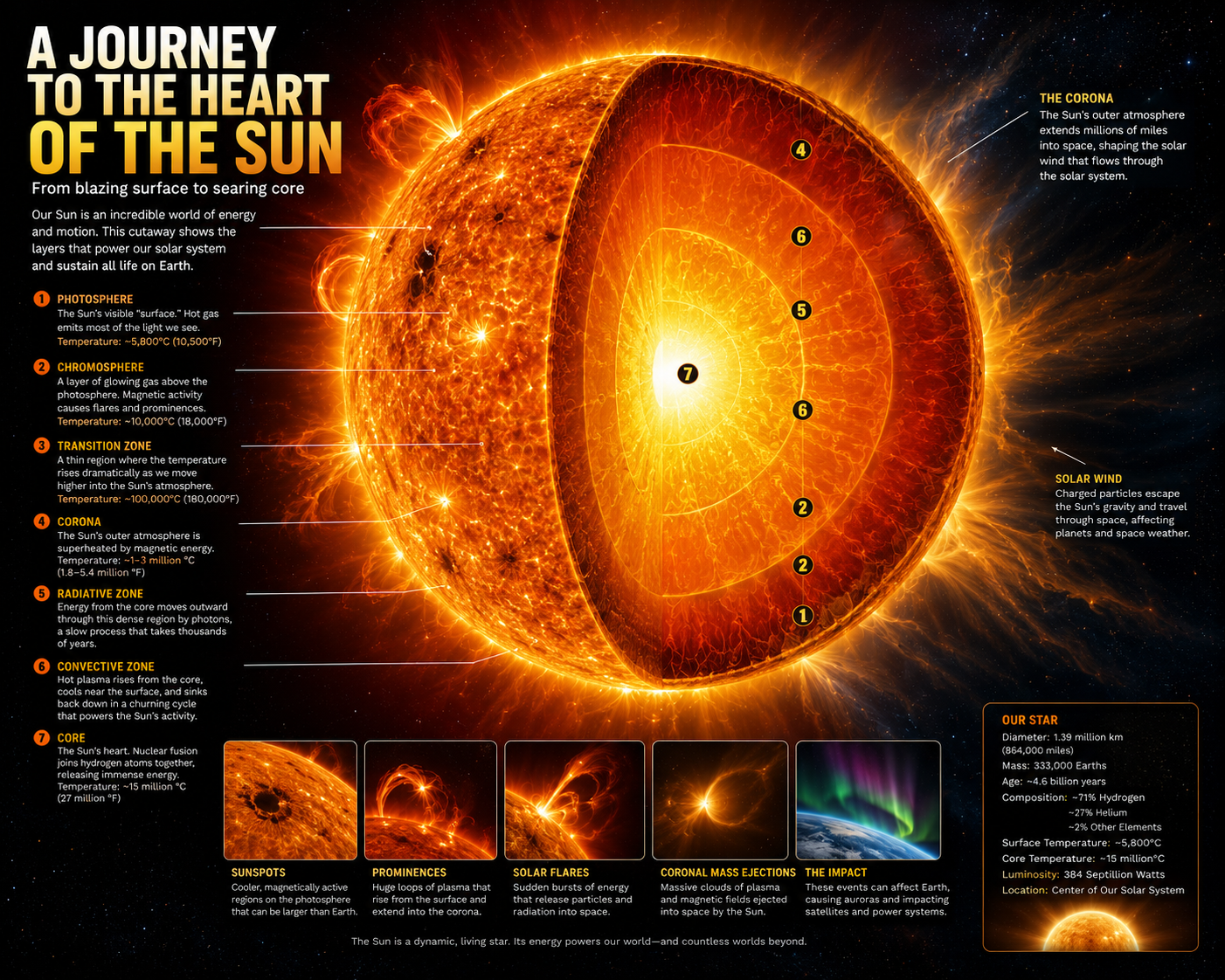 A dramatic cutaway illustration showing a scientific journey from the Sun's glowing surface to its blazing core.