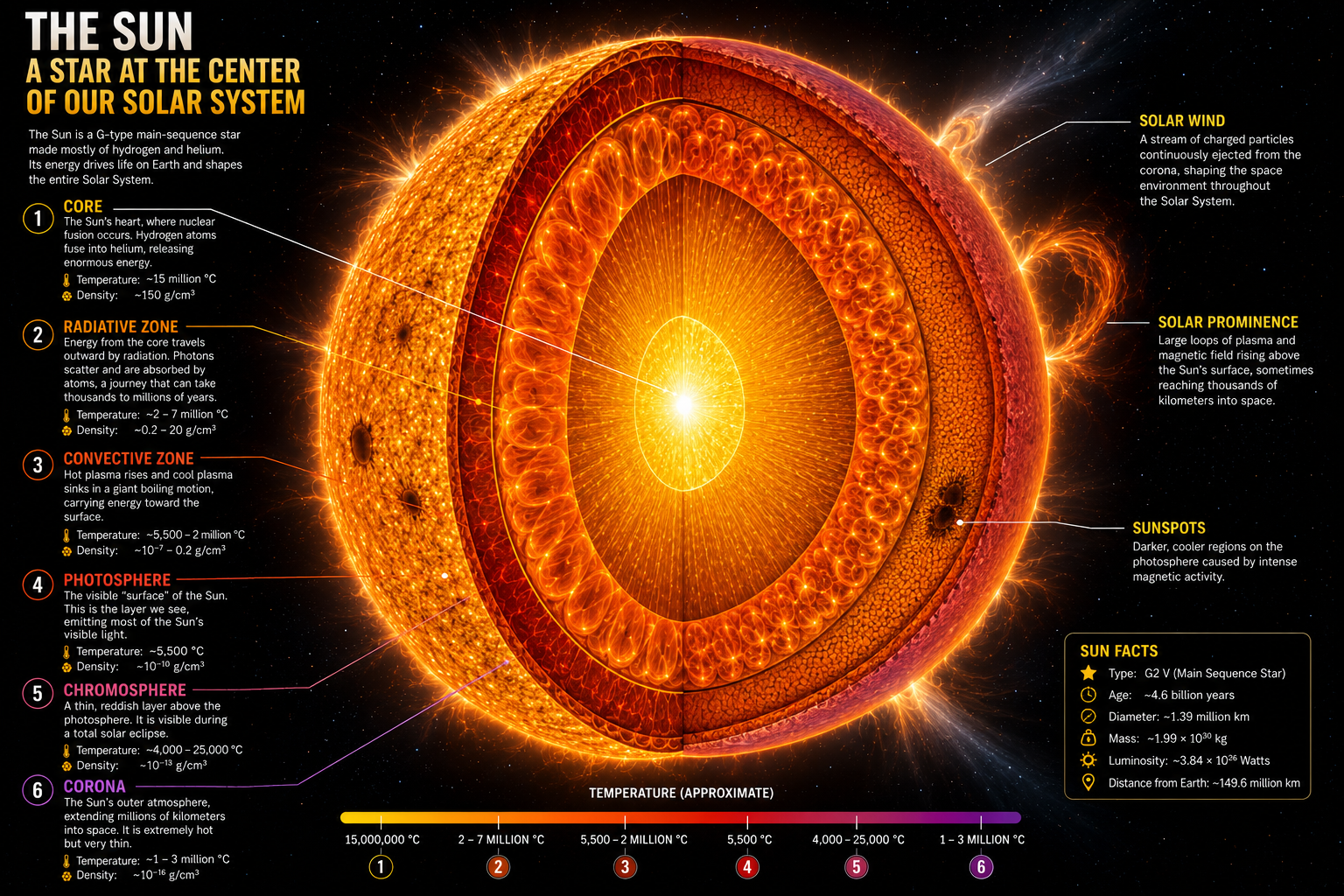 Scientific cross-sectional diagram showing the Sun's internal layers: core, radiative zone, convective zone, photosphere, chromosphere, and corona.