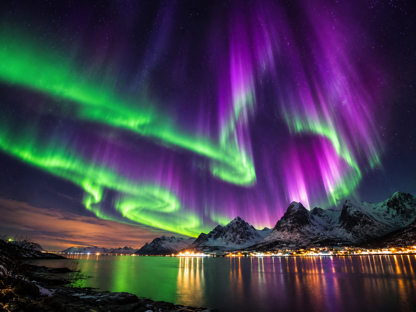 Brilliant green and purple auroras dancing across Earth's night sky as charged particles from the Sun interact with the atmosphere.