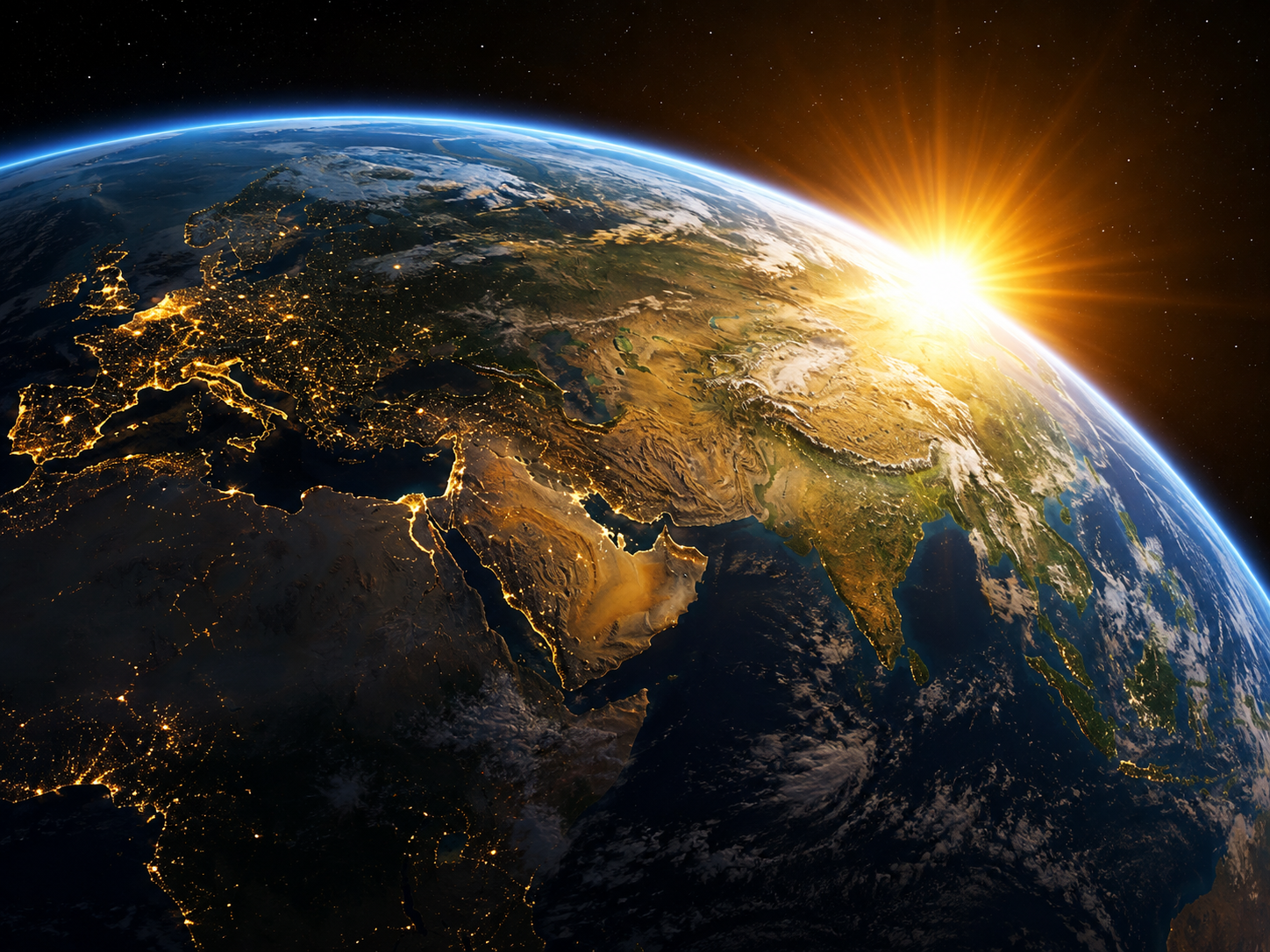 Earth illuminated by the rising Sun, showing sunlight spreading across continents and oceans from space.