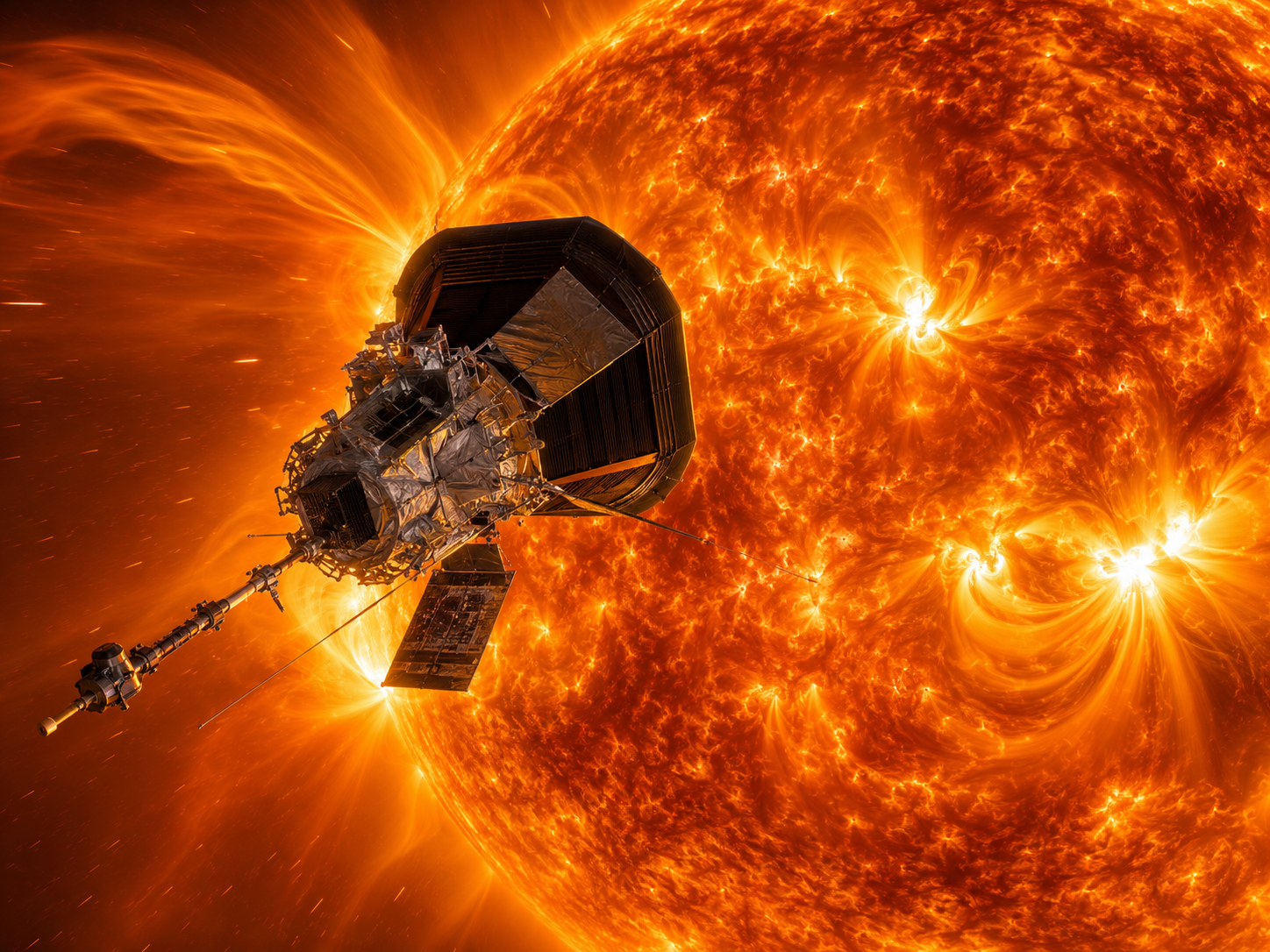 Artist's illustration of Parker Solar Probe flying through the Sun's glowing corona during a close approach.