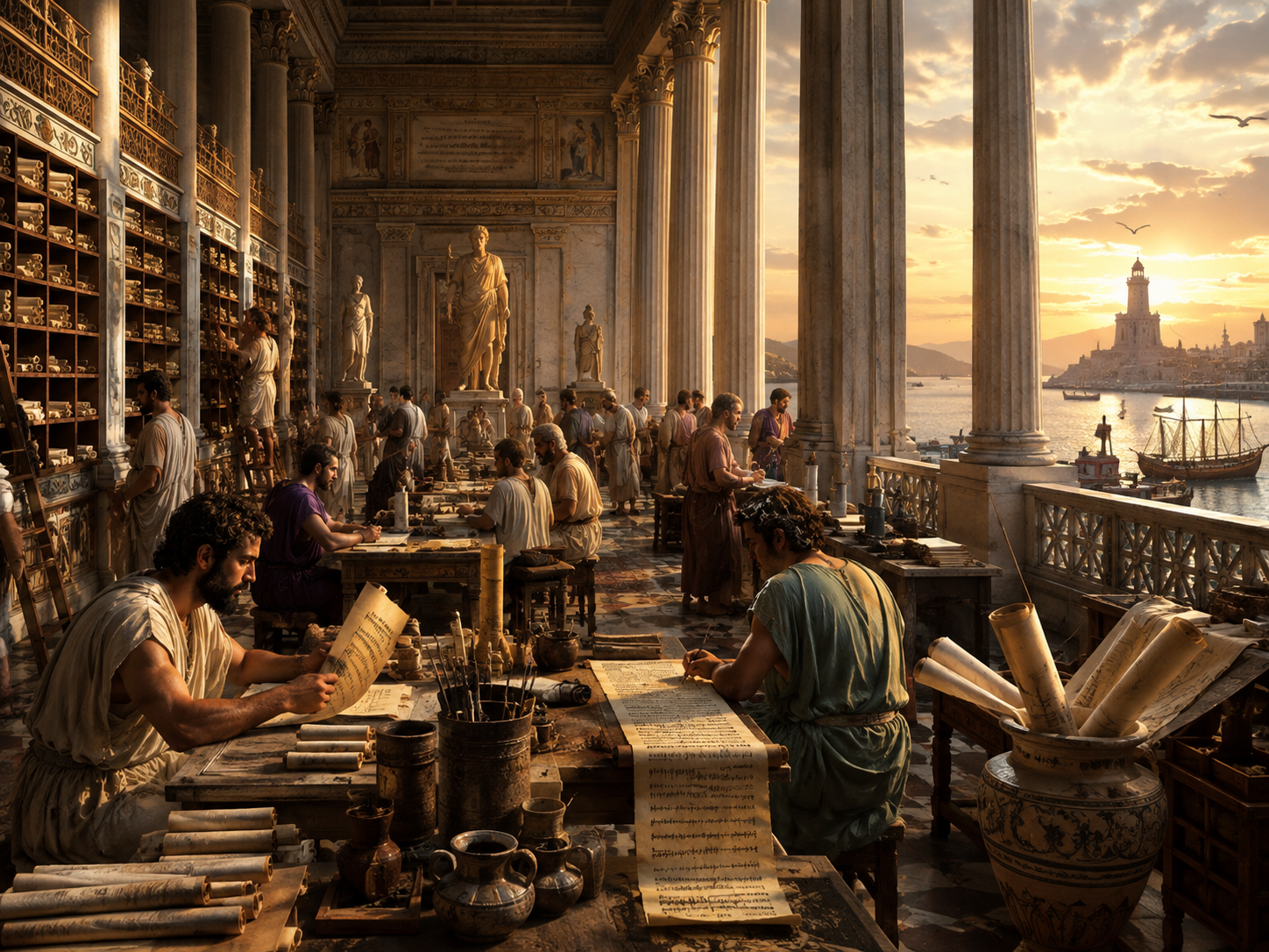 Cinematic reconstruction of the ancient Library of Alexandria and Mouseion overlooking the Mediterranean, filled with scholars, papyrus scrolls, columns, and warm evening light.