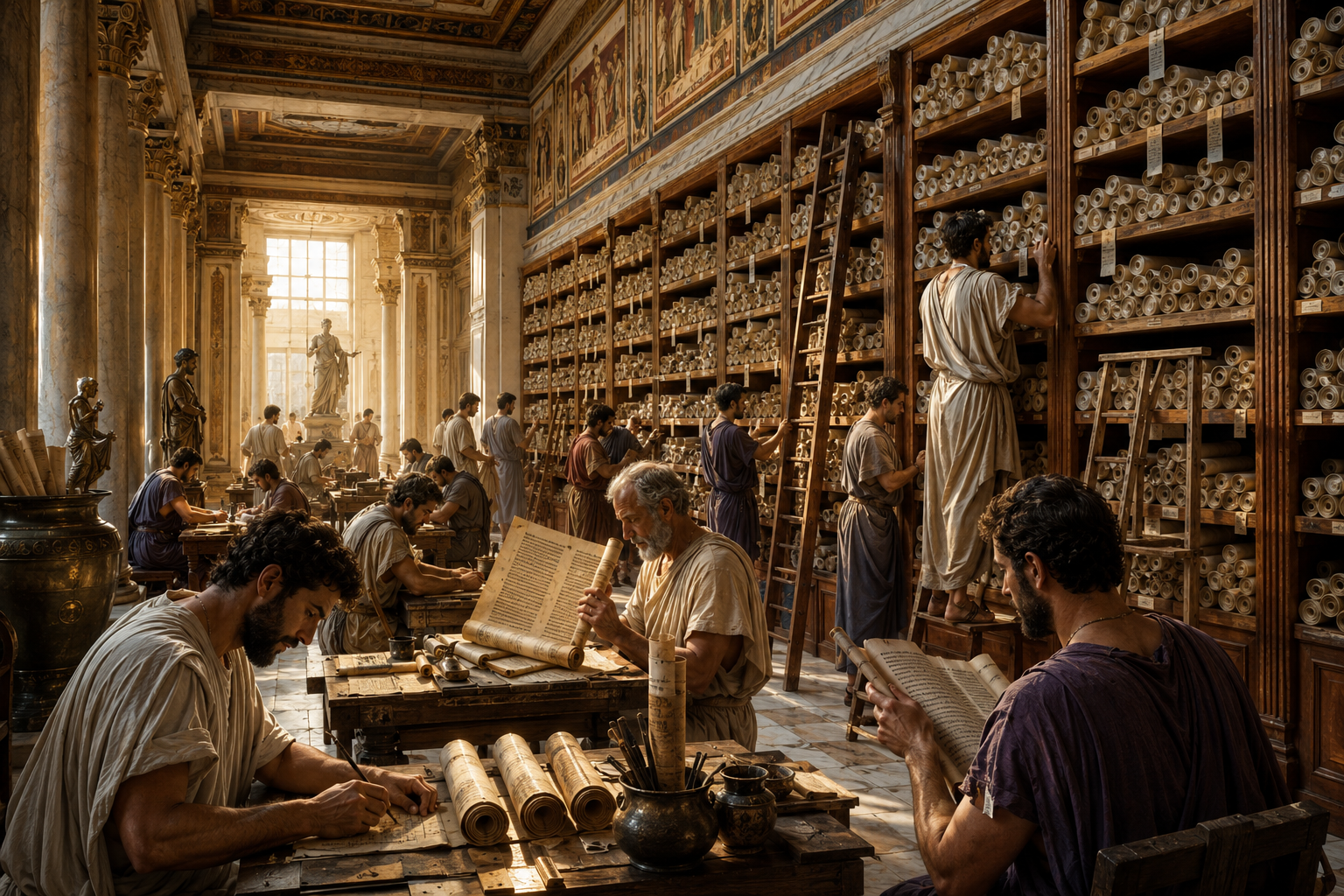 Artistic reconstruction of scholars and scribes working among enormous shelves of papyrus scrolls inside the ancient Library of Alexandria.