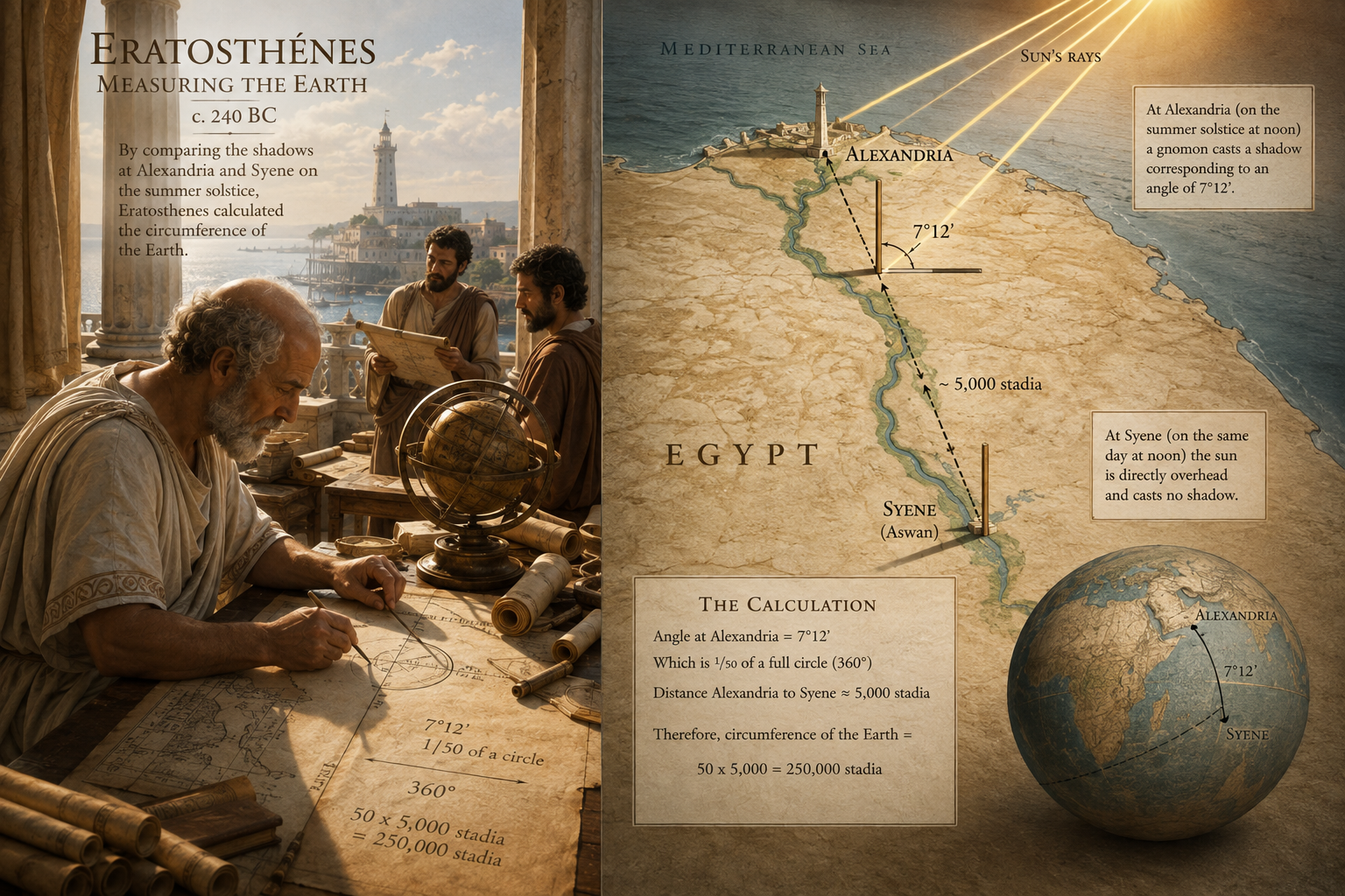 Historical-style scientific reconstruction of Eratosthenes measuring Earth's circumference using shadows, with Alexandria and Syene represented on a map and sunlight illuminating both locations.