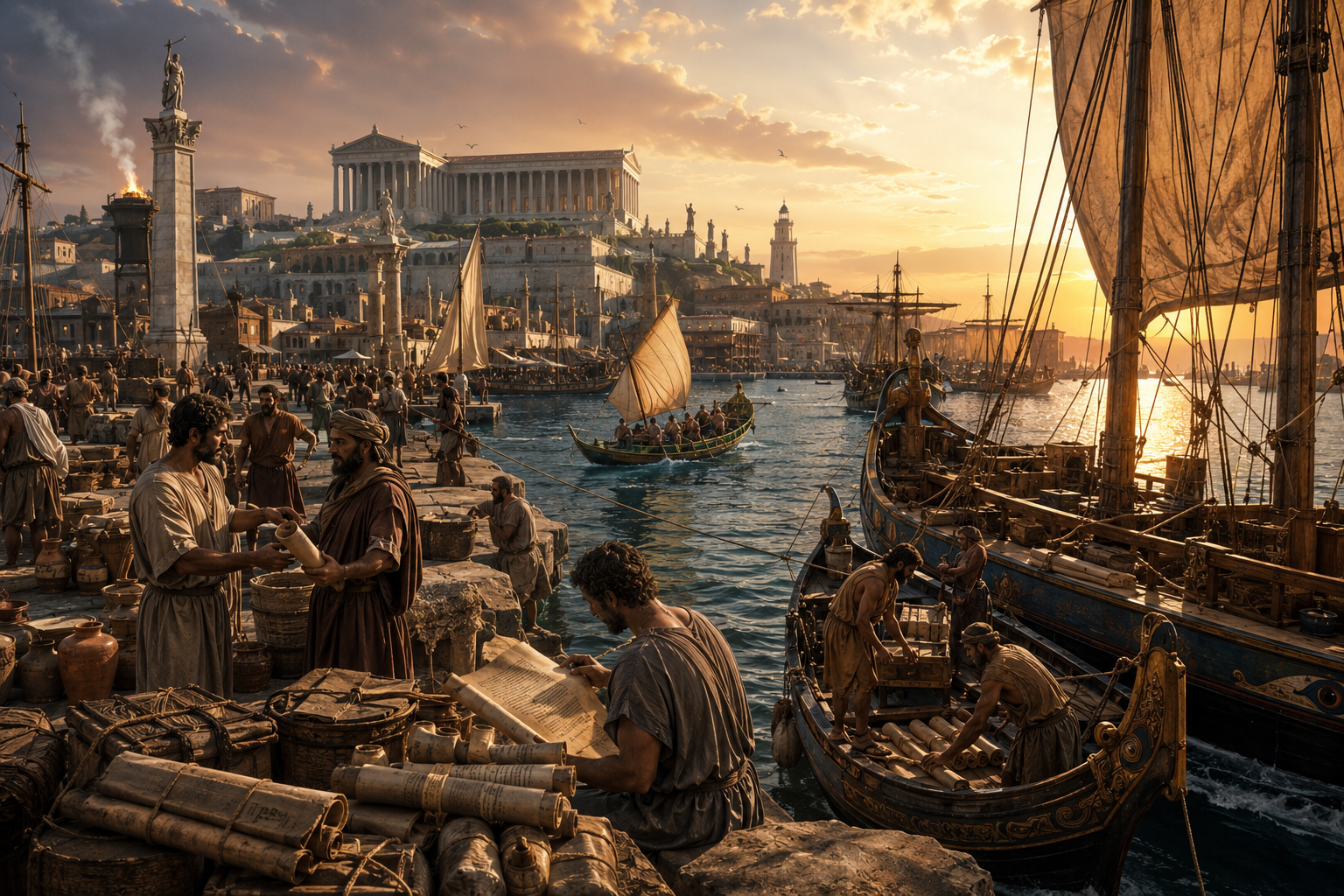Cinematic reconstruction of ancient Alexandria's harbor, showing merchant ships arriving with scrolls and manuscripts from different parts of the Mediterranean, with the Library and Mouseion visible in the distance.