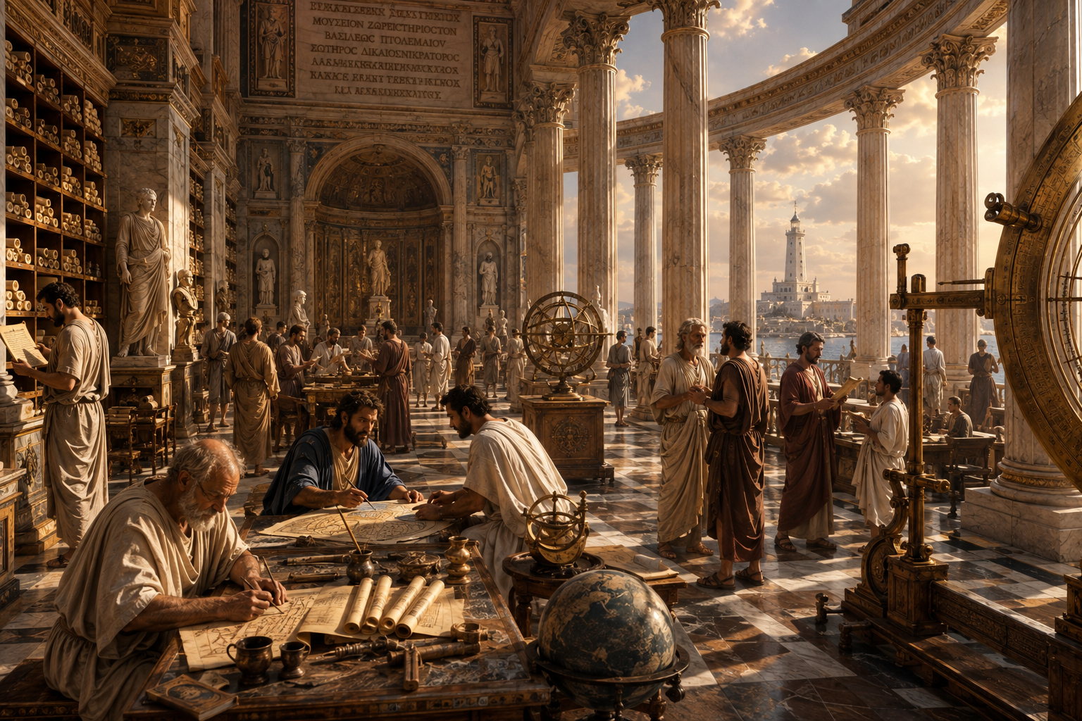 Cinematic reconstruction of the Mouseion of Alexandria with scholars from different fields studying, discussing, and working among scrolls and astronomical instruments.