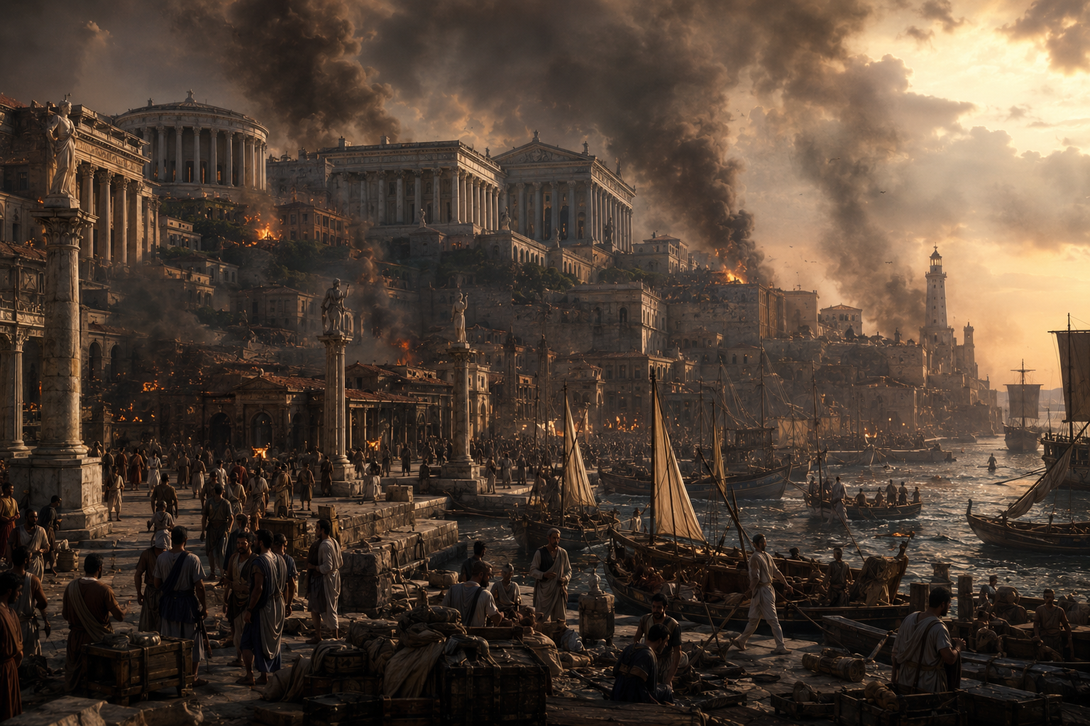 Cinematic historical reconstruction of Alexandria during a period of political turmoil, with smoke and fire visible in parts of the city while the Library and Mouseion remain only partially affected, emphasizing gradual decline rather than one total destruction.
