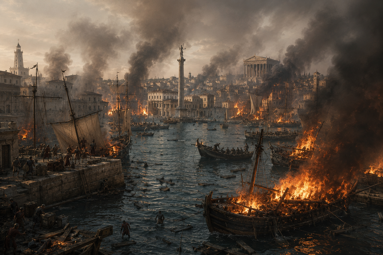 Historically grounded reconstruction of the Alexandrian harbor during Caesar's war in 48 BCE, with burning ships and smoke spreading through the waterfront while the city remains visible beyond it.