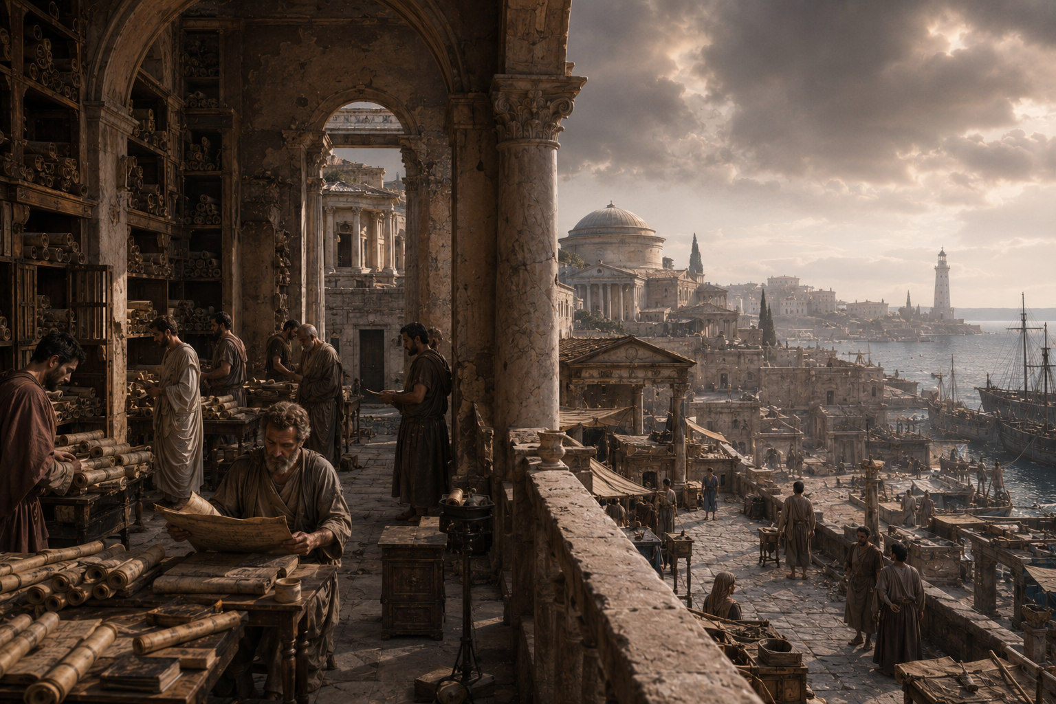 Cinematic historical reconstruction of Alexandria centuries after its intellectual golden age, showing a quieter scholarly district with aging buildings, fewer scholars, weathered scroll collections, and the changing city around them, late Roman-era Alexandria,