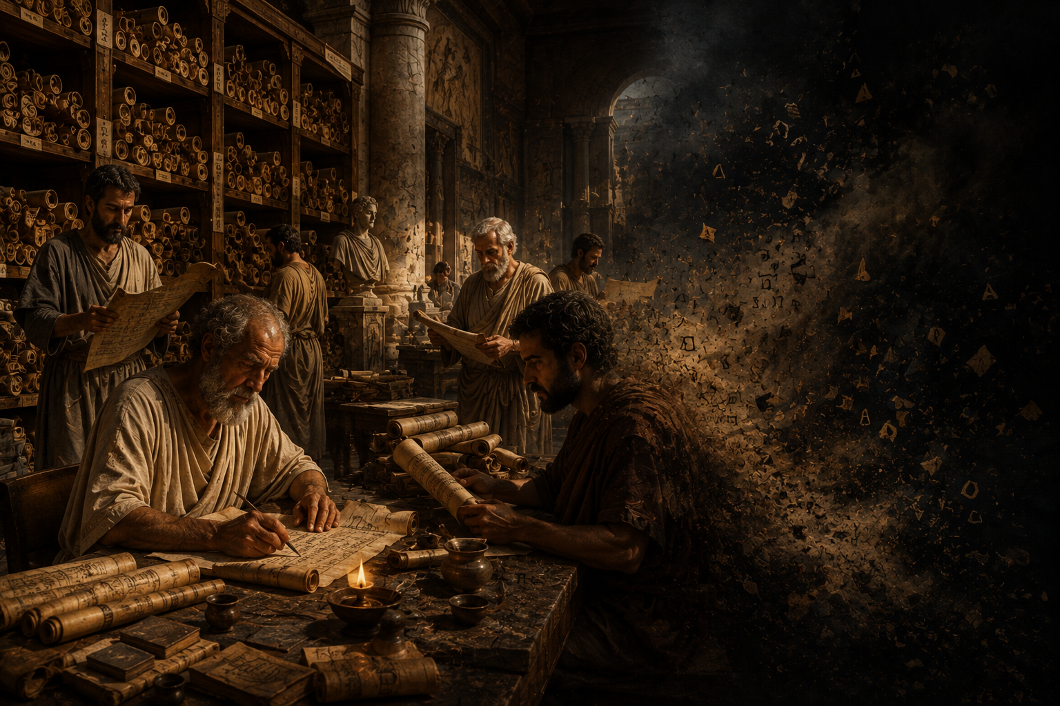 Cinematic reconstruction of ancient scholars surrounded by surviving and disappearing papyrus scrolls, with some manuscripts preserved while others fade into darkness, symbolizing lost knowledge.