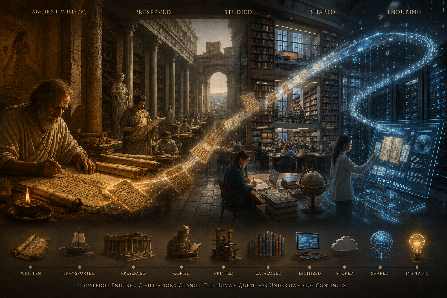 Cinematic visual connecting ancient and modern knowledge preservation—an ancient papyrus scroll transitioning into a modern library and digital archive, showing continuity across thousands of years.