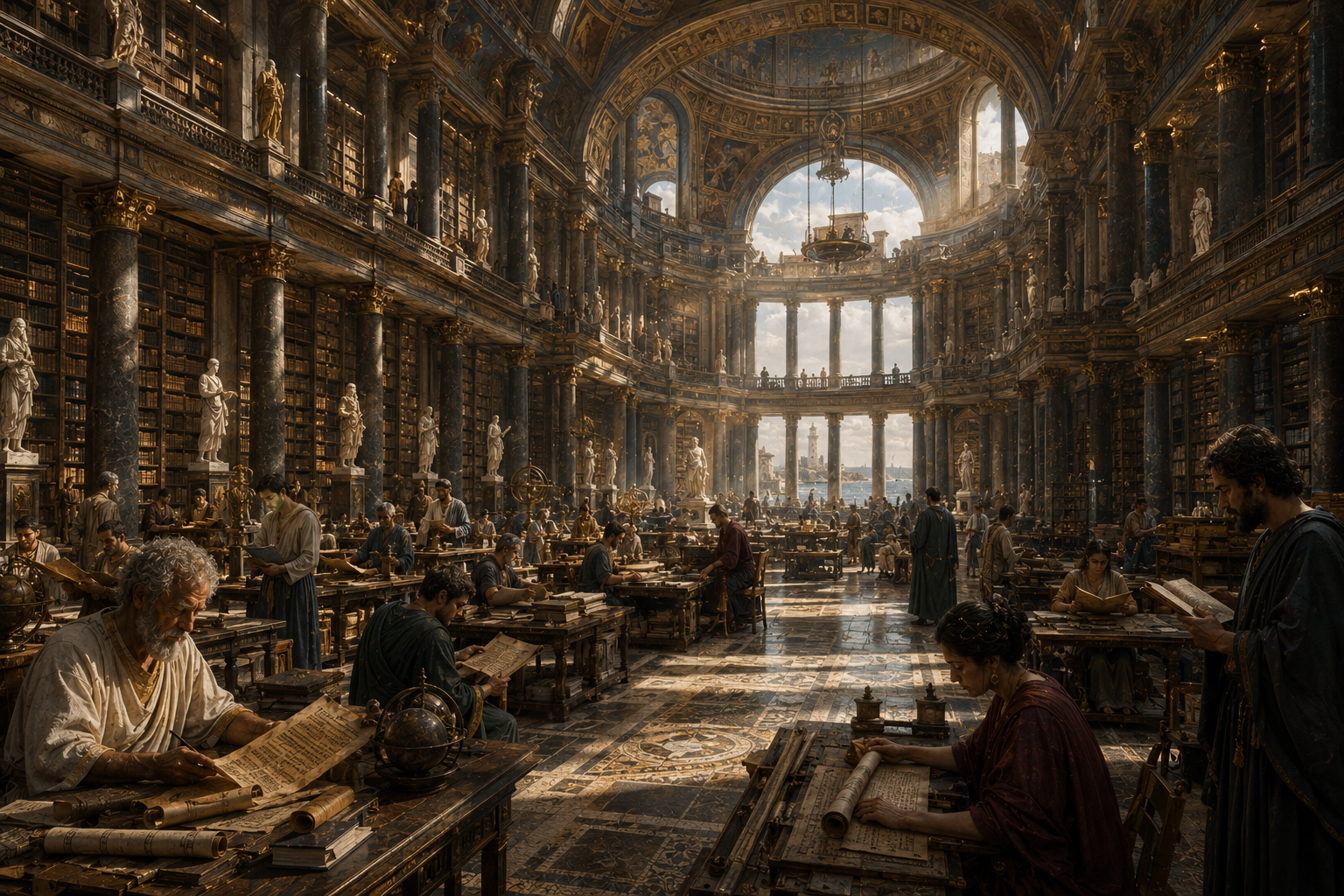 Thought-provoking cinematic reconstruction of an imagined surviving Library of Alexandria centuries later, with generations of scholars studying ancient manuscripts beneath vast shelves of preserved knowledge, historically inspired but clearly presented as an alternate-history concept.