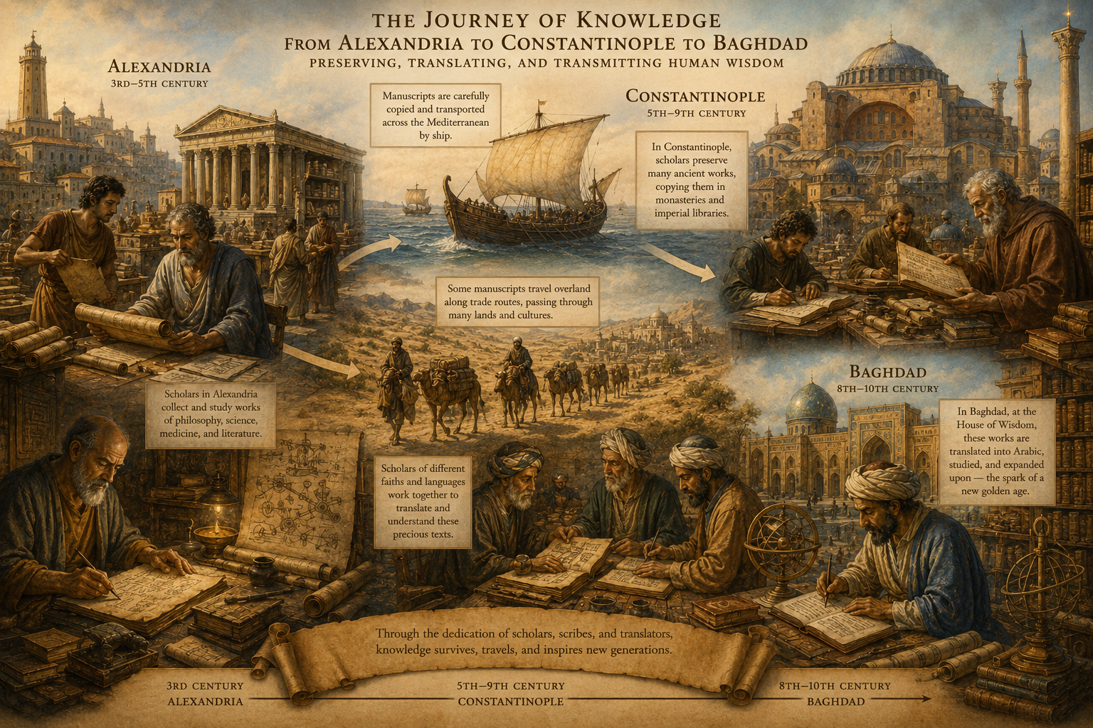 Historical-style illustration showing ancient manuscripts traveling between Alexandria, Constantinople, and Baghdad, with scholars translating and copying texts across different centuries.
