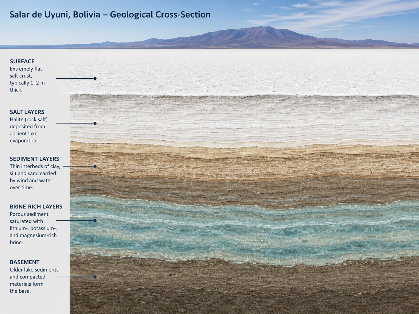 Geological cross-section showing the salt crust, sediment layers and lithium-rich brine beneath Salar de Uyuni.