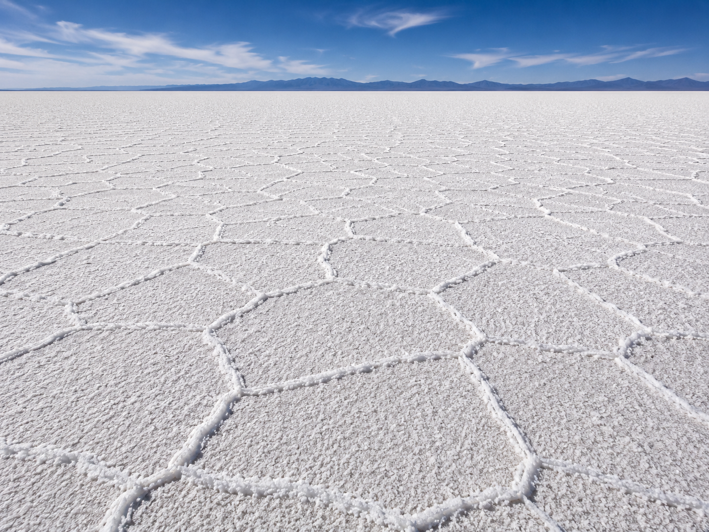 Large polygon-shaped patterns formed across the dry salt crust of Salar de Uyuni.