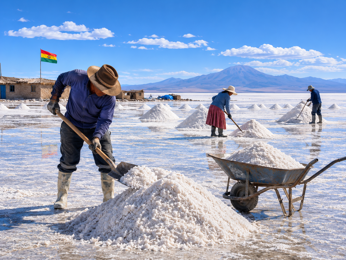 Salt workers collecting and stacking salt near Colchani on the Salar de Uyuni.