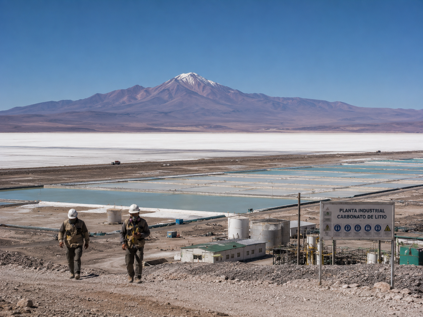 Workers and infrastructure near Salar de Uyuni against the surrounding Bolivian landscape.