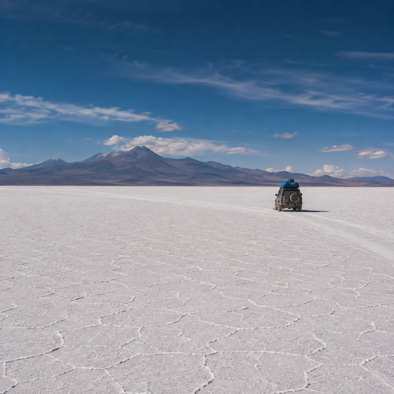 A 4x4 vehicle crossing the vast white surface of Salar de Uyuni with the Andes in the distance.