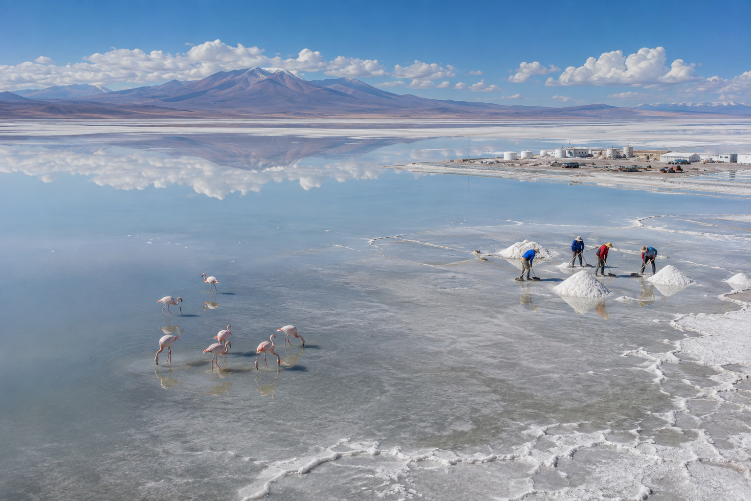Salar de Uyuni showing its salt landscape, wildlife, local activity and lithium infrastructure beneath a reflected sky.