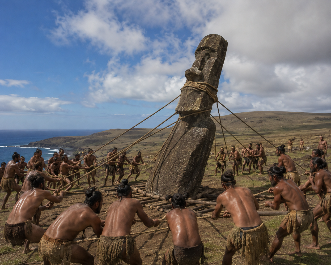 Reconstruction of Rapa Nui workers using ropes to move a moai upright across the island.