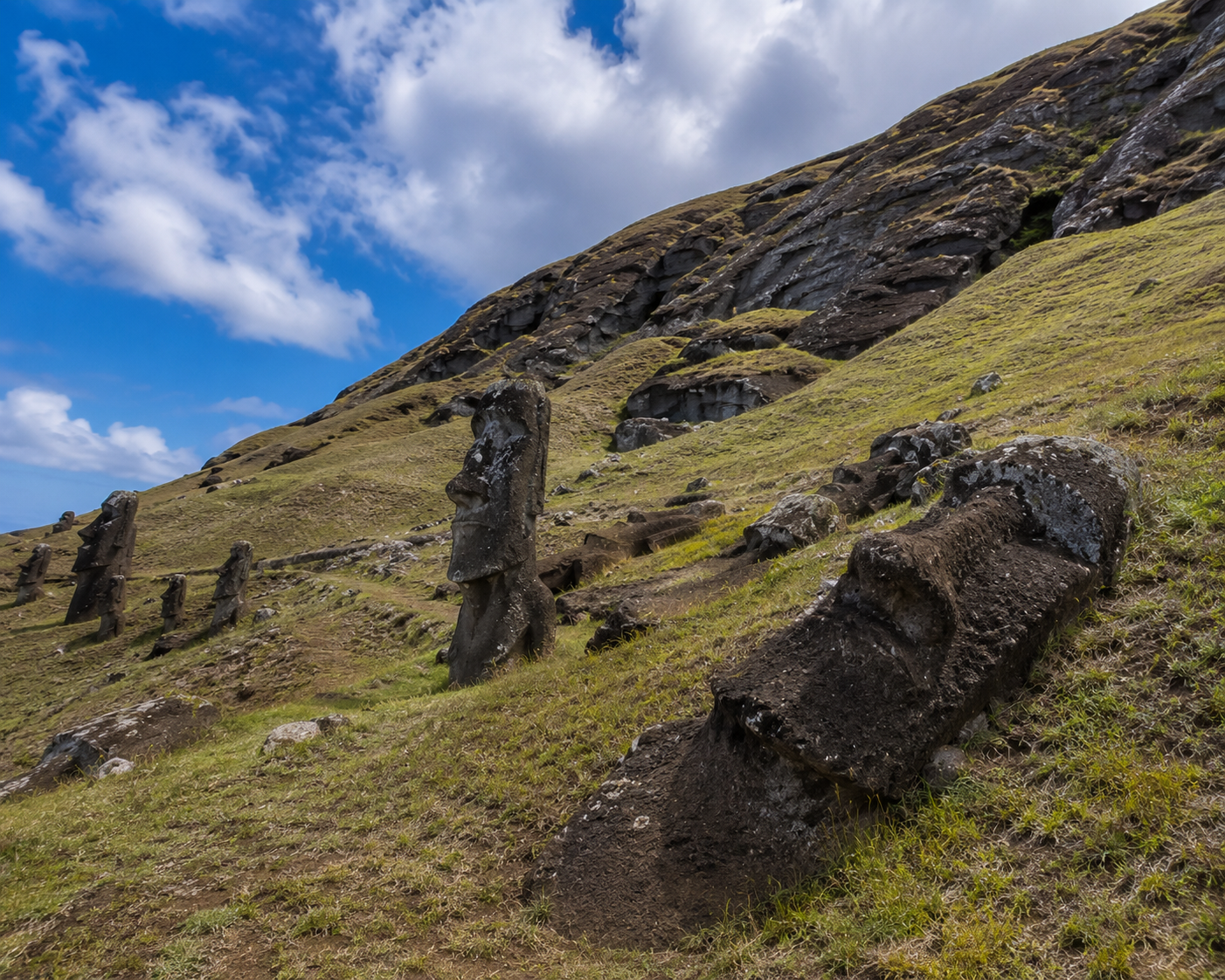 Unfinished moai carved into the volcanic tuff slopes of Rano Raraku quarry.